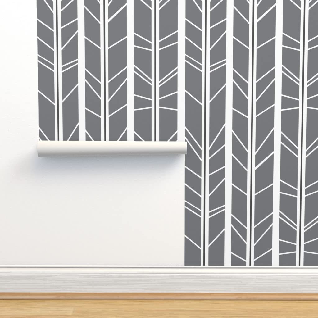 Premium Commercial Grade Wallpaper 27ft x 2ft - Grey Tree Branch Herringbone Chevron Geometric Pattern | Modern Nursery Decor, Gender Neutral Traditional Design by Spoonflower | Perfect for Bedrooms, Living Rooms & Nursery Walls