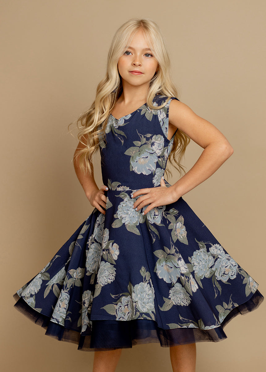 Lezah Women's Petticoat Dress - Large Size Navy Blue Floral Print Vintage Style Skirt for Parties, Weddings, and Special Occasions
