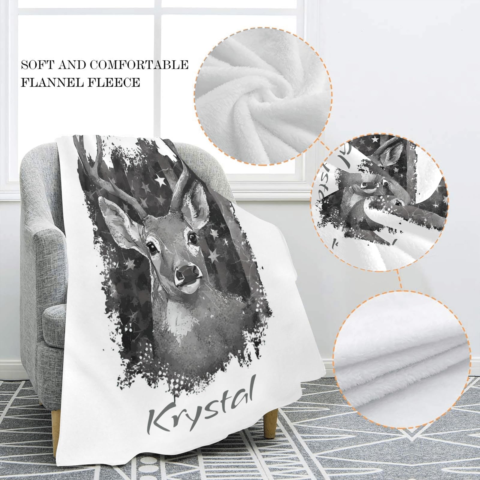 Custom Personalized American Flag Deer Camo Fleece Blanket with Name - Super Soft 50x60 Inch Throw Blanket for Couch, Sofa & Bed - Perfect for Camping, Tailgating and Patriotic Home Decor