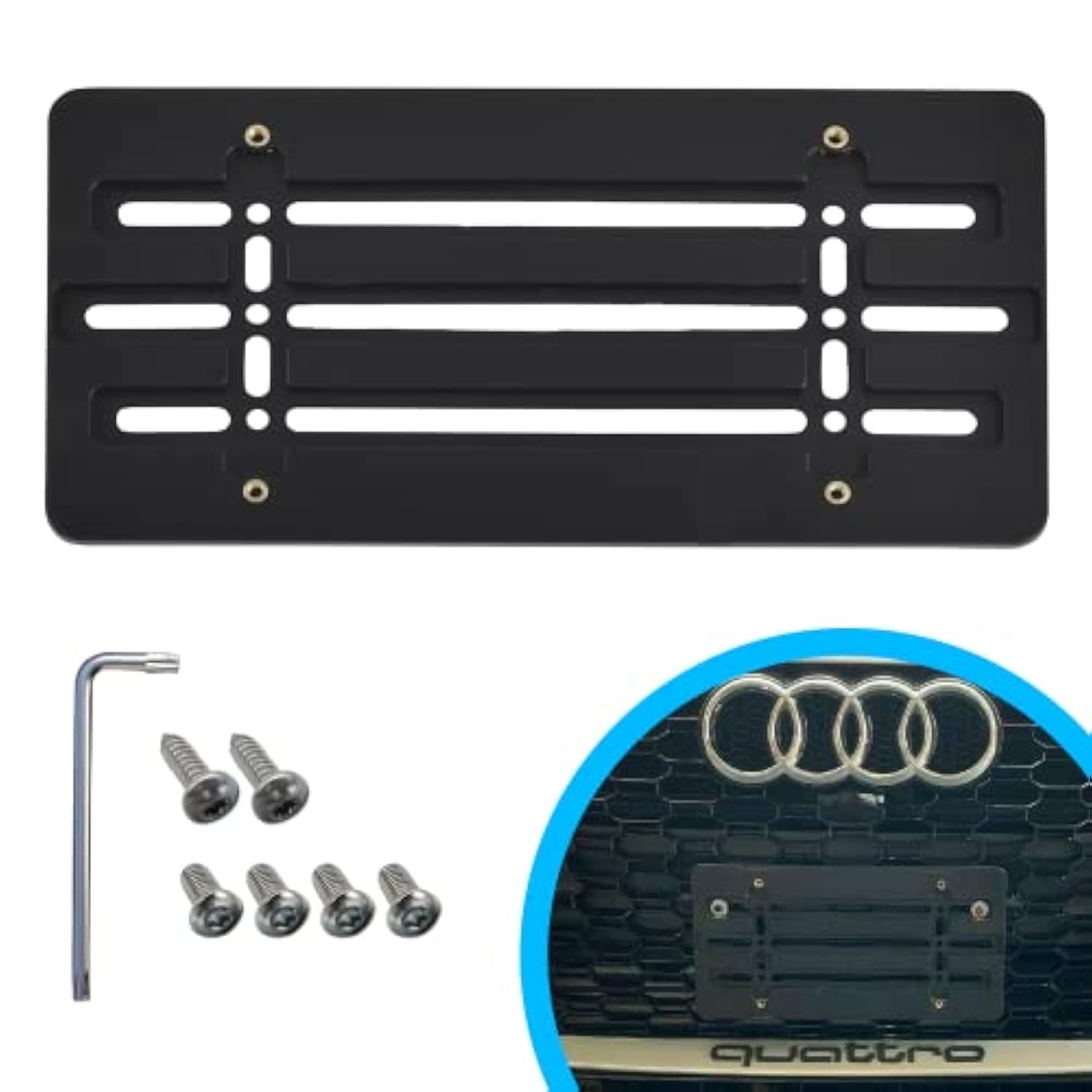 Premium Front Bumper License Plate Bracket for Audi - Heavy Duty Plate Holder Set with 6 Screw Bolts & Wrench Kit - Universal License Tag Mounting Kit - Durable Car Accessories for Secure Installation & Stylish Look