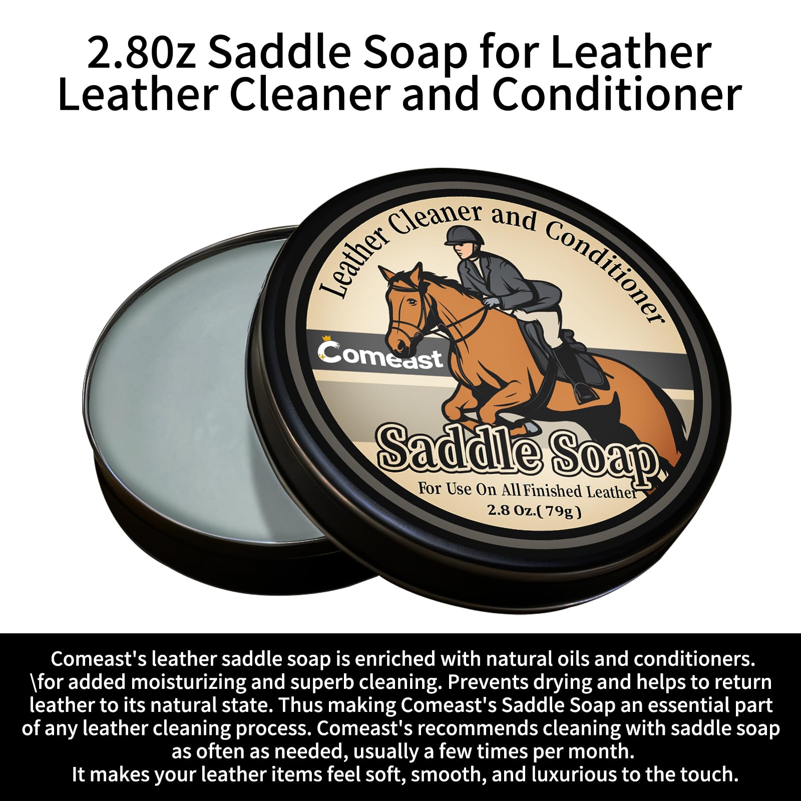 Premium Leather Saddle Soap 2.8 Oz - Deep Cleaning & Conditioning Treatment for Leather Care - Softens, Moisturizes & Protects Leather Goods - Ideal for Car Seats, Couches, Shoes, Boots, Bags & Saddles | Restores & Maintains Leather Quality for Long-Lasting Use