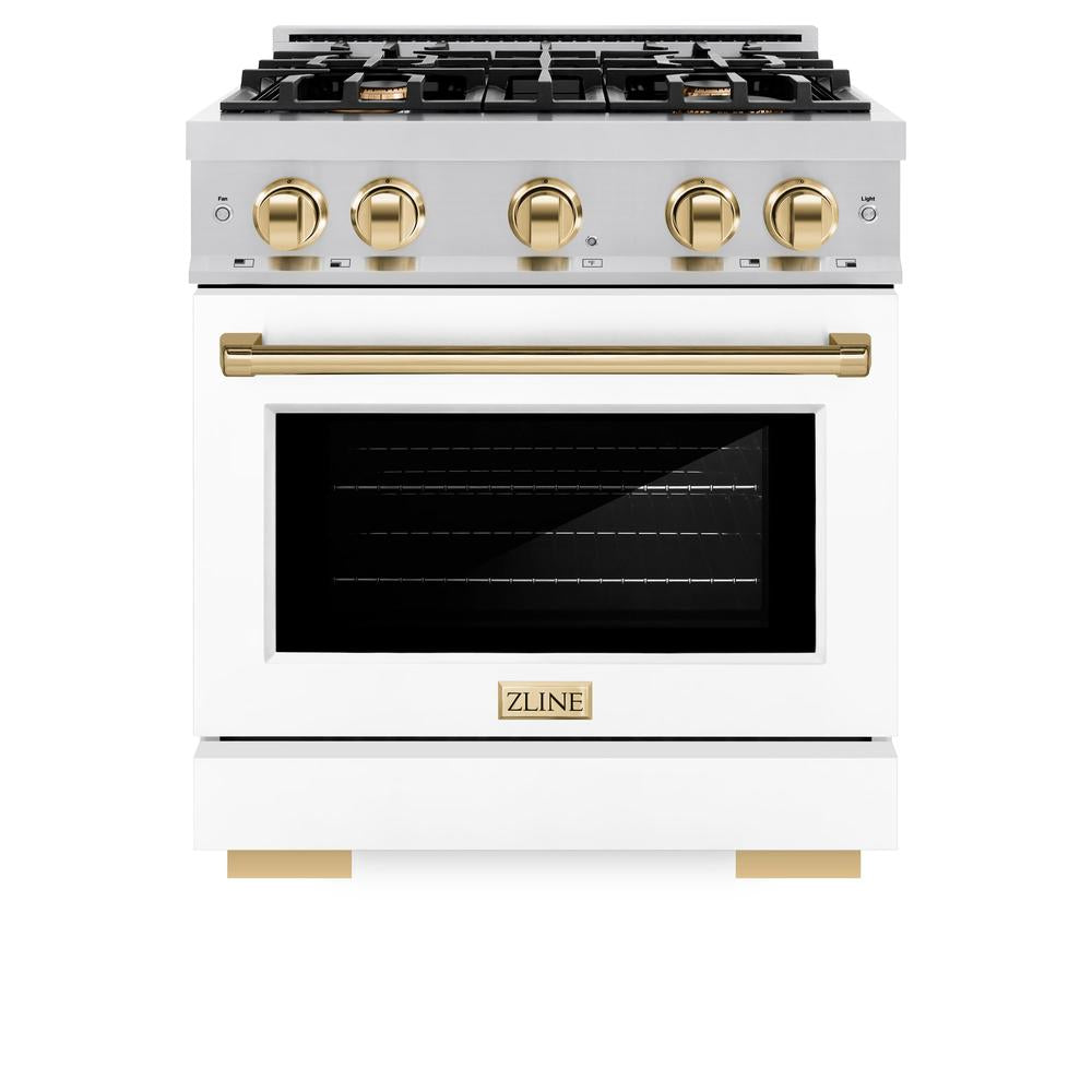 ZLINE Autograph Edition 30-inch 4.2 cu ft Gas Range with 4 Burner Cooktop & Convection Oven - Stainless Steel with White Matte Door & Polished Gold Accents - Perfect for Modern Kitchens & Professional Cooking (HGRZ WM 30 G)