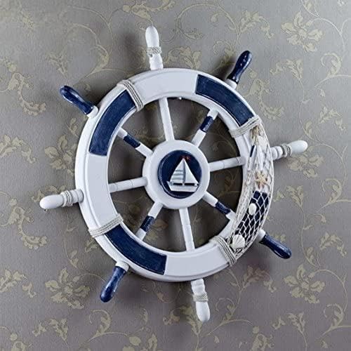 YOYOMALL Vintage Nautical Ship Steering Wheel Wall Decor - Blue Retro Wooden Rudder for Home & Kids Room - Mediterranean Style Handicraft Welcome Sign (Diameter XX) - Perfect for Coastal, Beach House & Sailor-Themed Decor
