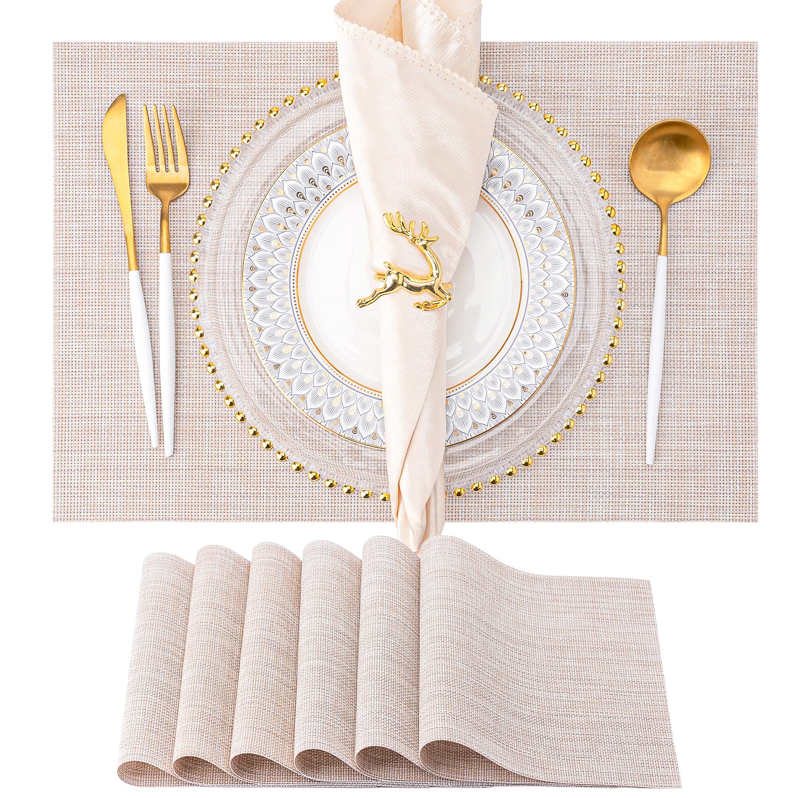 6-Pack Washable Vinyl Placemats for Dining Table - Indoor/Outdoor PVC Woven Table Mats (Beige) | Perfect for Everyday Meals, BBQs, and Outdoor Dining