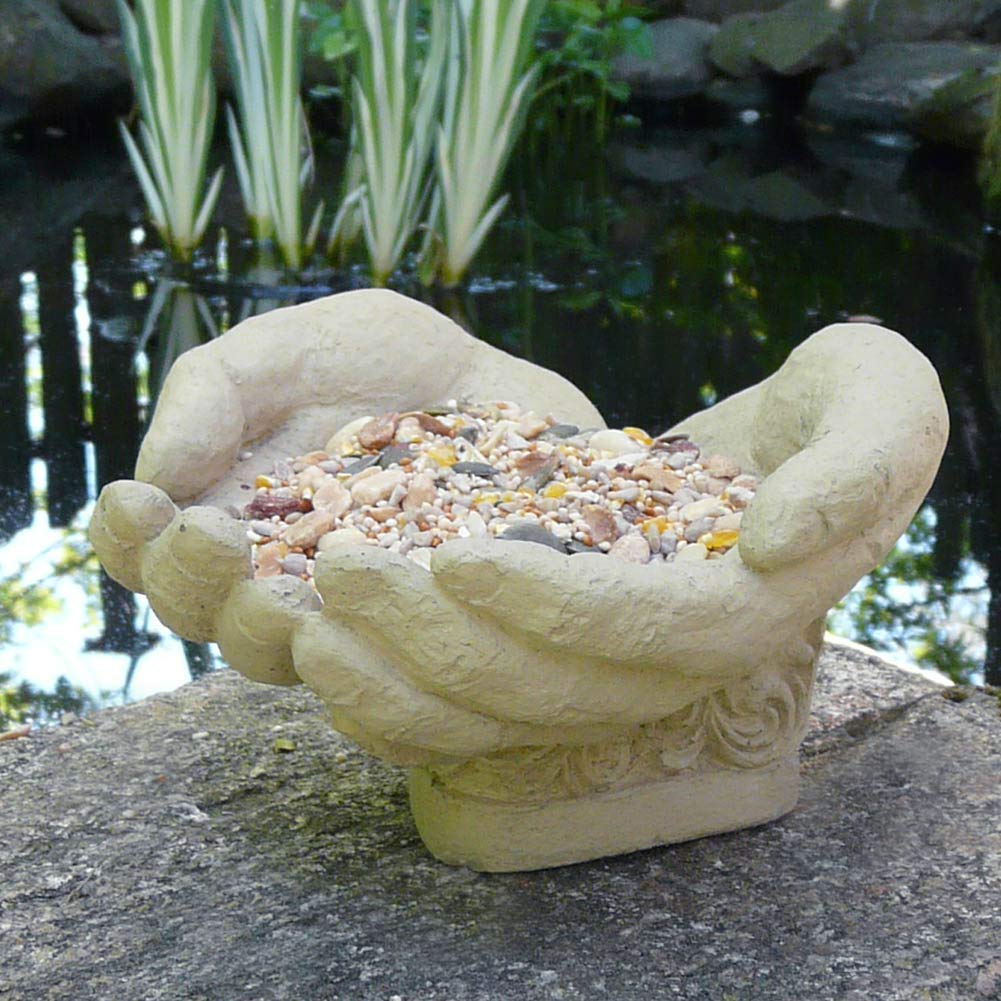 Handcrafted Cupped Hands Concrete Sculpture - Bird Feeder, Candy Dish, Catchall - Made in USA, Perfect for Garden Decor and Home Accents