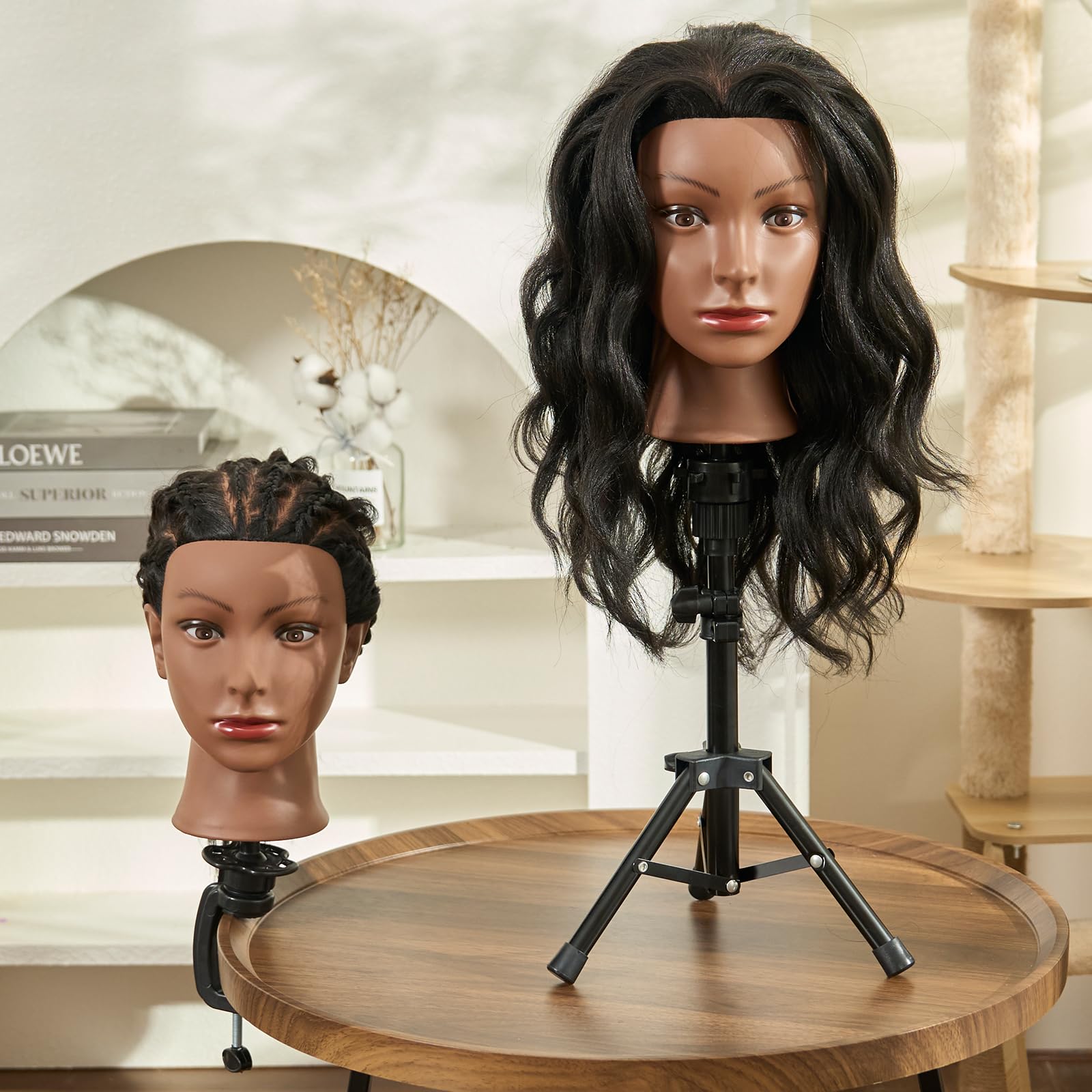 20-22 Inch Real Human Hair Mannequin Head with Stand & Table Clamp - Professional Cosmetology Training Head for Braiding, Styling & Hairdressing Practice - Perfect for Salon, Beauty School & Home Use (Brown)