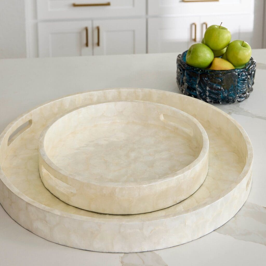 Cyan Design 11688 Triton 16-Inch Round Decorative Tray - Pearl Finish - Small Serving Tray for Home Decor, Dining Table Centerpiece, or Bathroom Organization