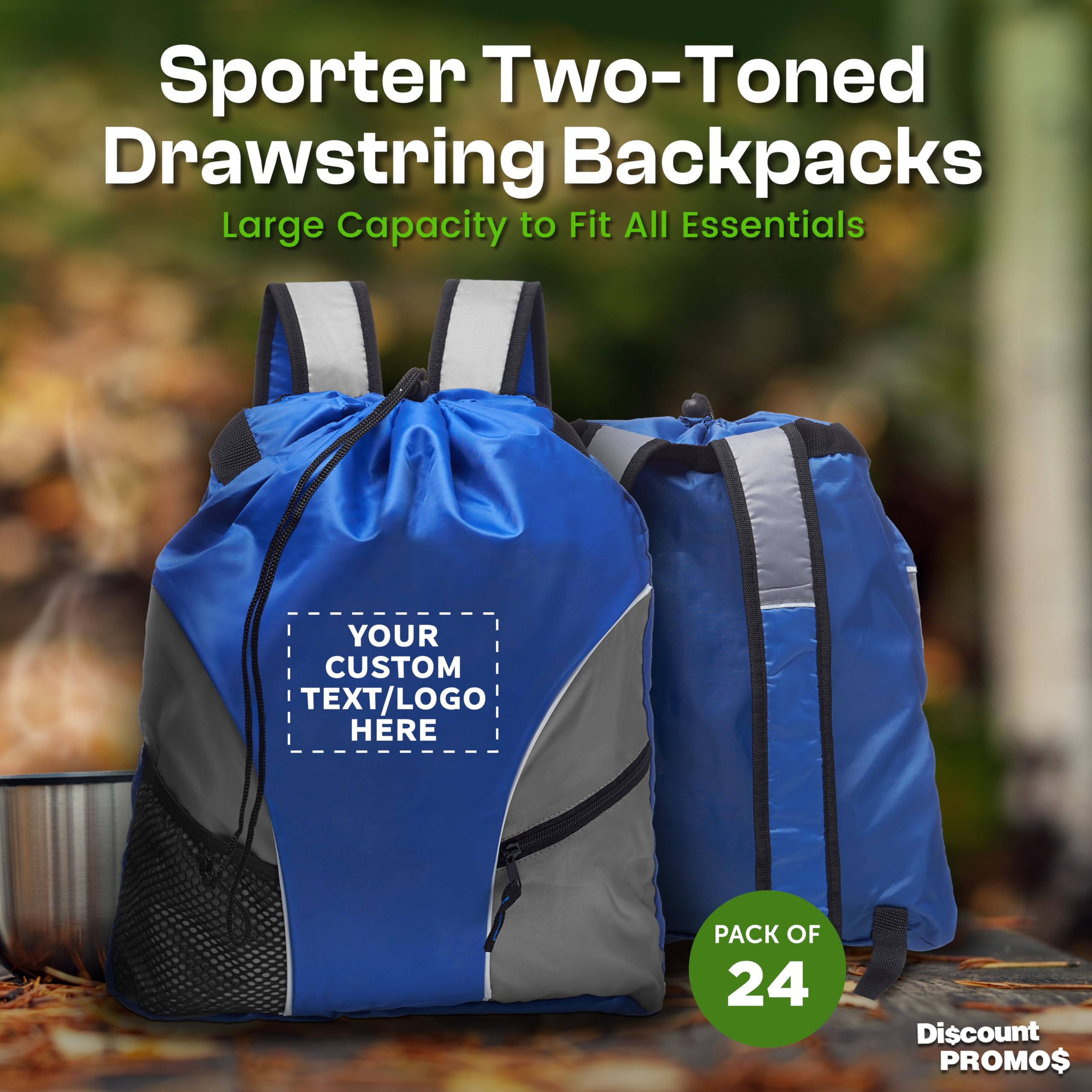Custom Sporter Drawstring Backpacks - Set of 24 Bulk Pack | Personalized Cinch Bags, Gym & Travel Backpacks | Lightweight Unisex Backpack in Blue | Perfect for Sports, School, Travel & Outdoor Activities
