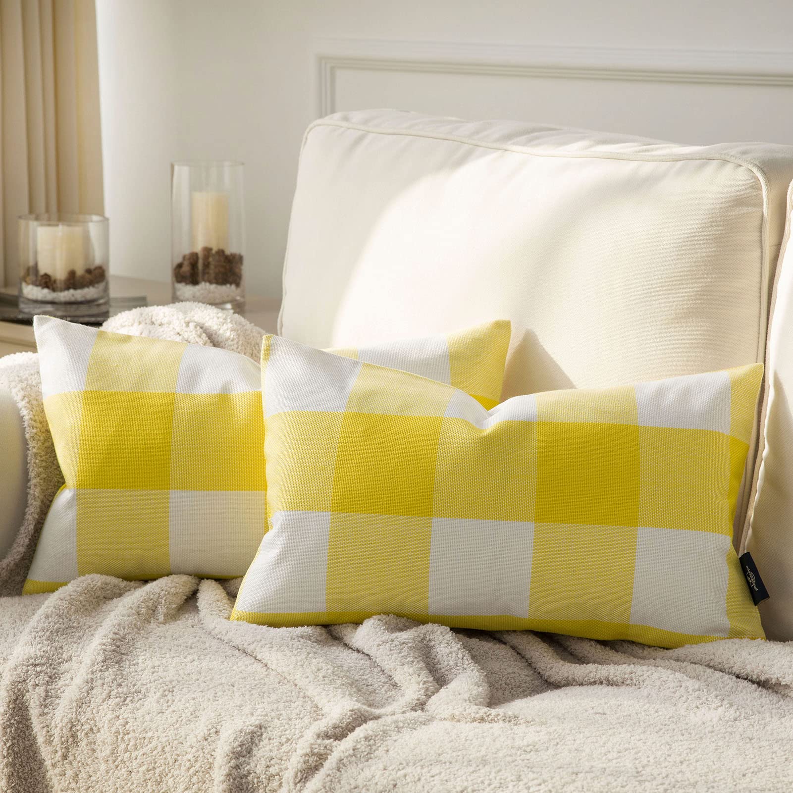 Phantoscope Pack of 2 Gingham Buffalo Check Plaid Throw Pillow Covers 12x20 Inches - Farmhouse Square Decorative Pillow Cases for Indoor Outdoor Home Decor in Yellow | Perfect for Sofa, Bed, Couch & Porch Decor