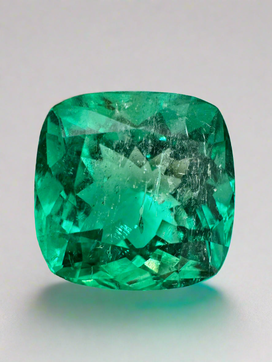 13.88 Carat 14x14mm Bluish Green Cushion Cut Loose Colombian Emerald - Ethically Mined Natural Gemstone for Jewelry Making, Engagement Rings & Luxury Gifts