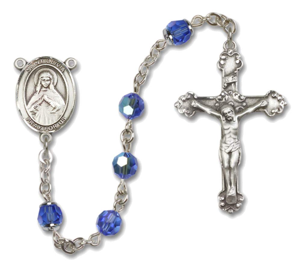 Bonyak Jewelry St. Olivia Sterling Silver Rosary Necklace with December Birthstone Blue Beads - Perfect for Catholic Gifts, Baptism, First Communion & Religious Occasions
