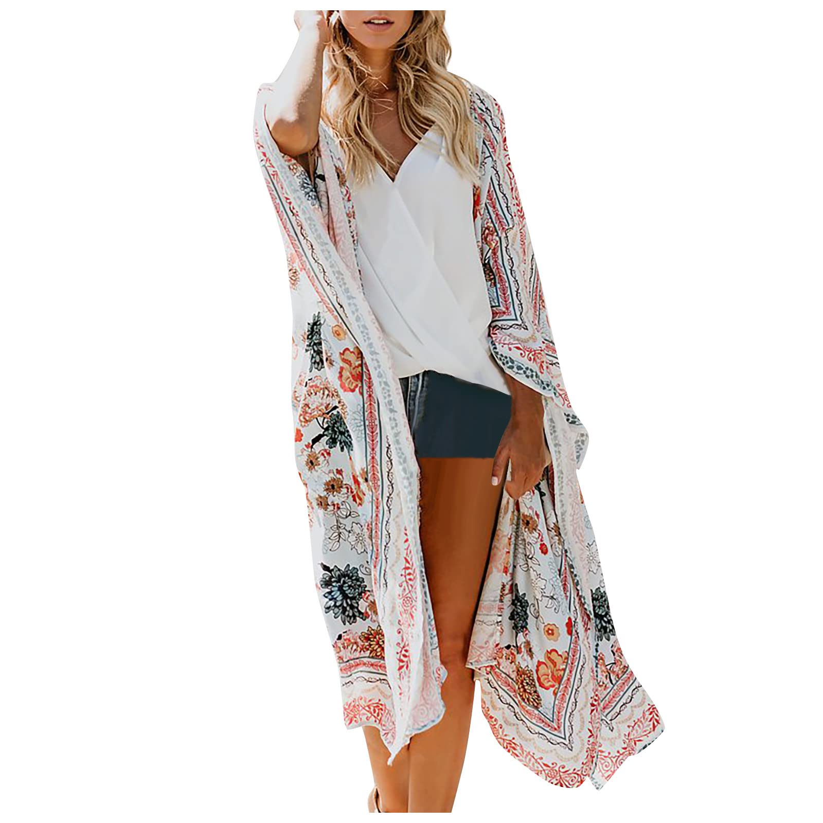 Women's Lightweight Printed Chiffon Beach Cover-Up Cardigan - Sun Protection Loose Fit Casual Shirt for Summer Vacation, Poolside, and Outdoor Activities