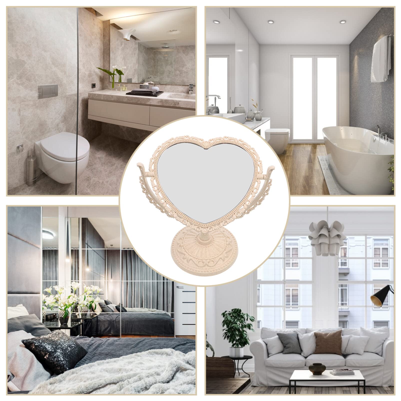 Beaupretty Heart Shaped Vanity Mirror - Double Sided 360° Rotating Makeup Mirror with Stand for Bathroom & Bedroom (Beige) | Perfect for Makeup Application, Skincare Routine, and Home Decor