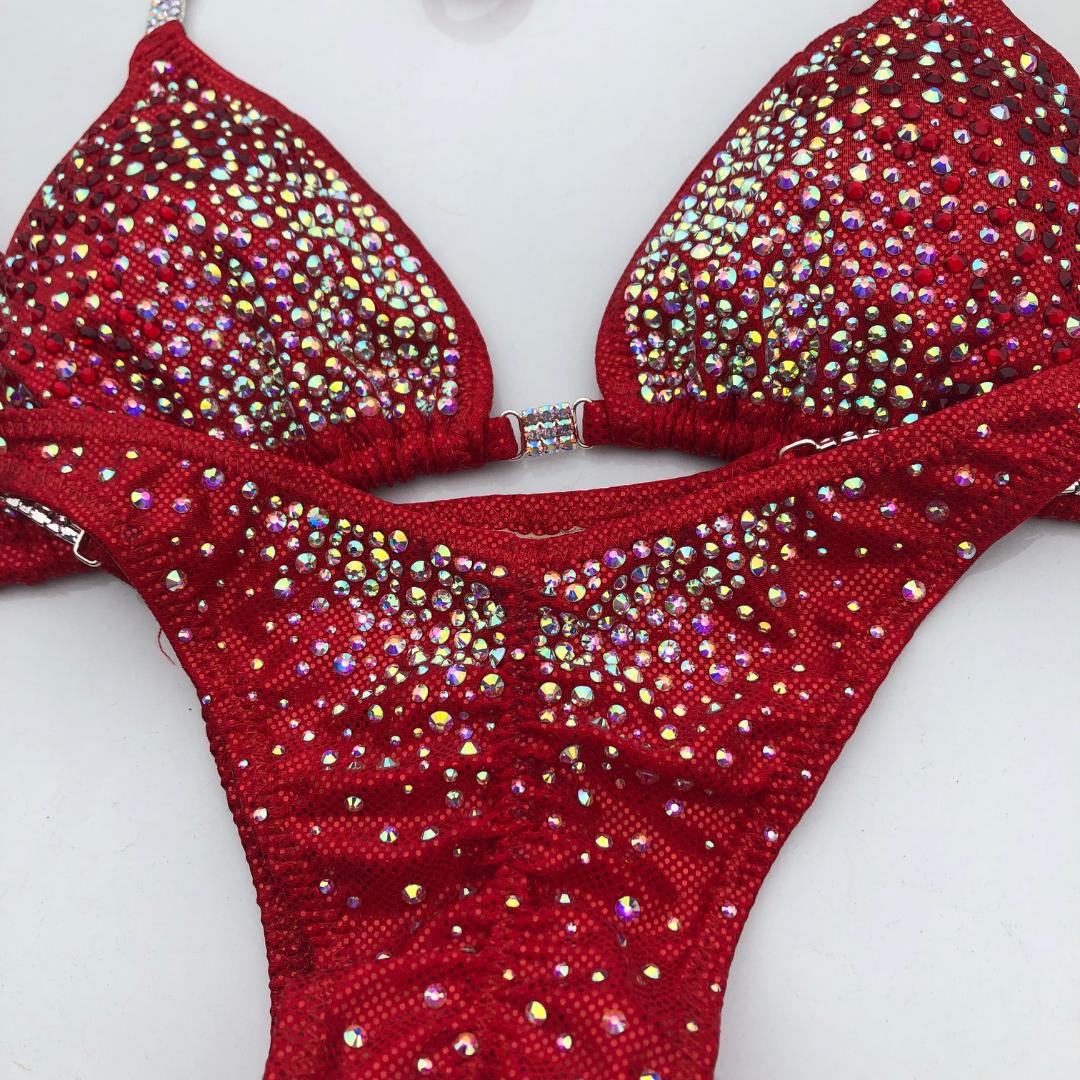 Stunning Red Bikini Competition Suit with Beaded Rhinestone & AB Crystals - Perfect for Swimwear Pageants, Beach Vacations, and Poolside Glamour