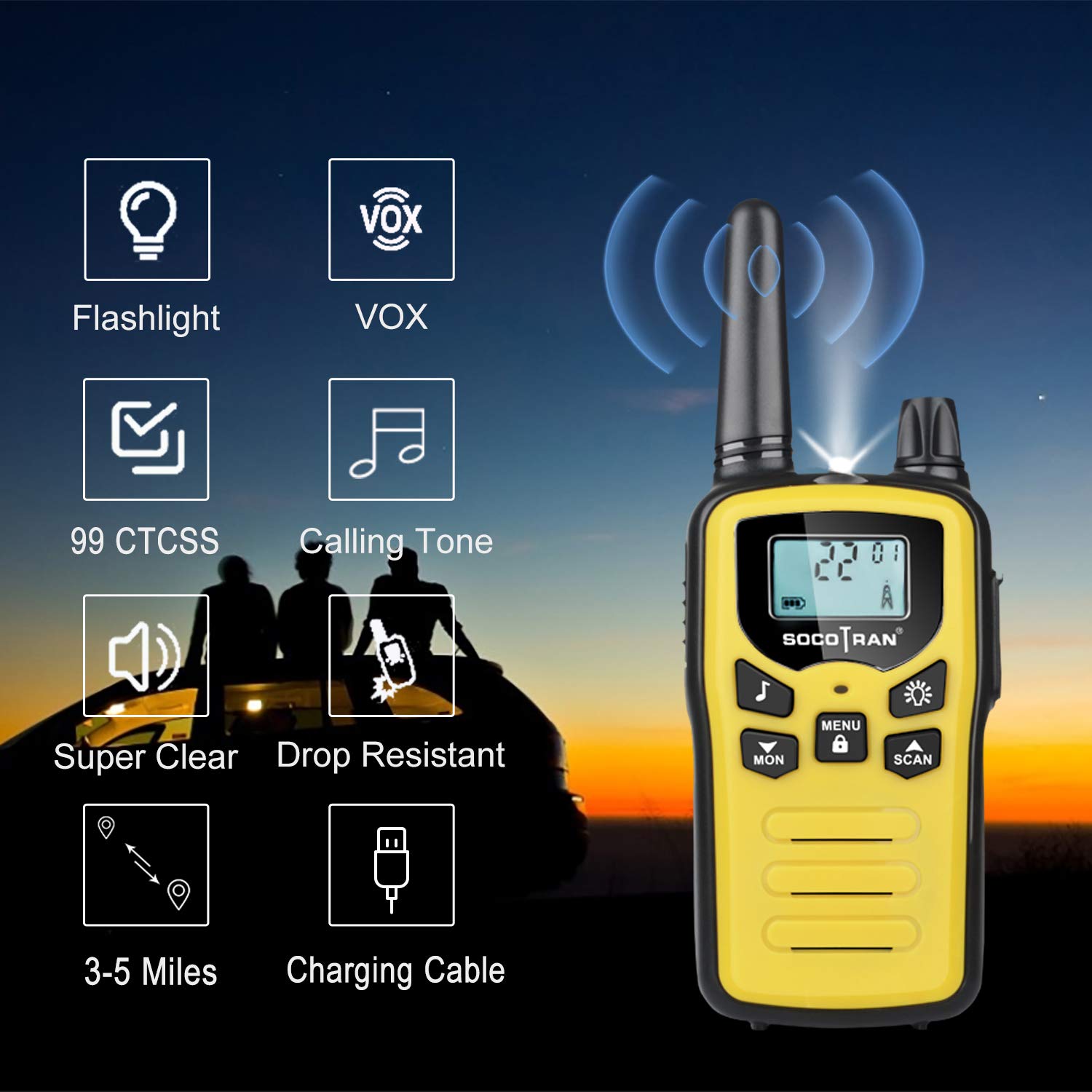 Rechargeable Walkie Talkies for Adults - 3 Pack Long Range Two-Way Radios (5 Miles) with USB Charging Cable - Blue, Yellow, Pink - Perfect for Camping, Hiking, Outdoor Adventures & Emergency Communication