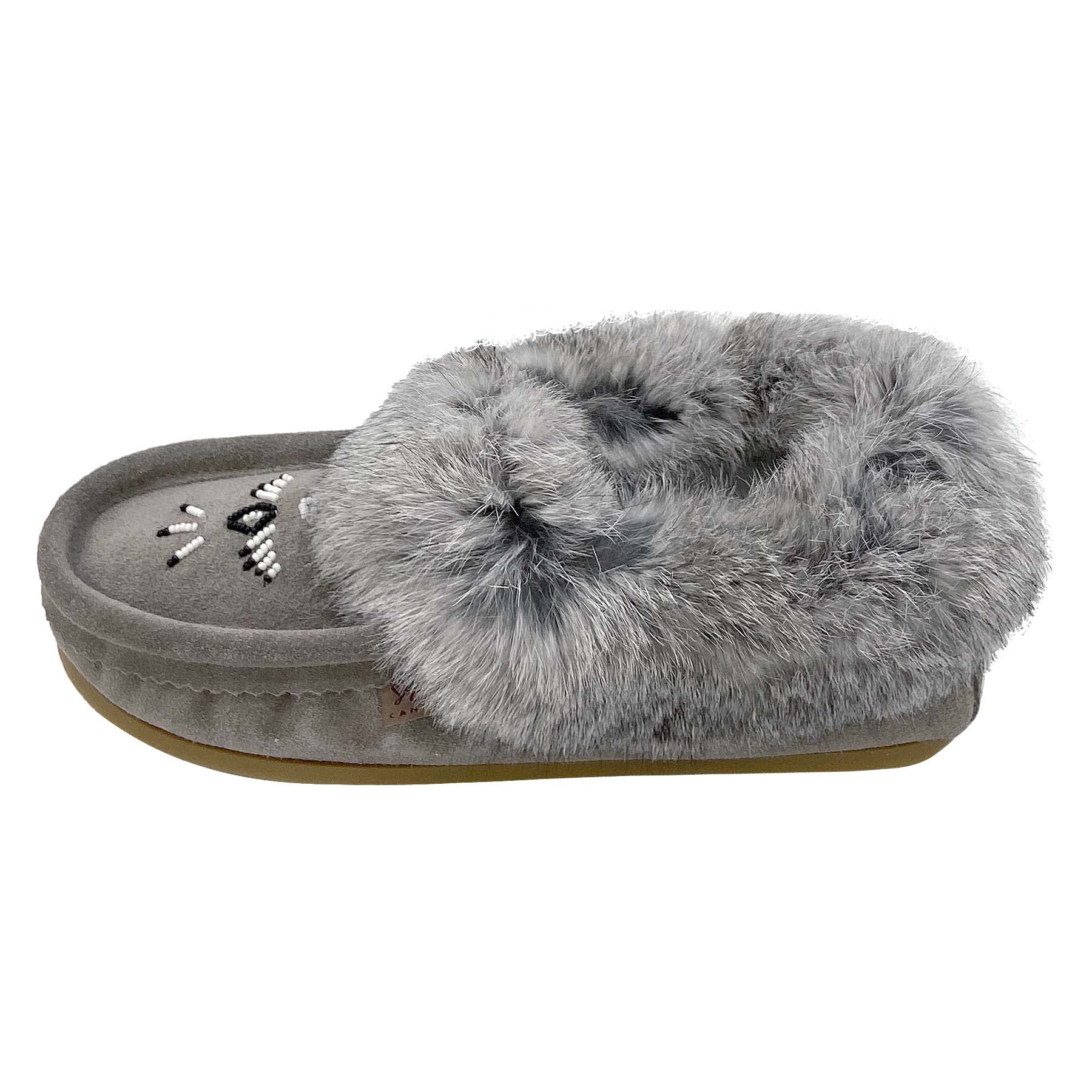 Laurentian Chief Women's Suede Slippers with Rabbit Fur Collar - Soft Sole Moccasins for Indoor Comfort & Cozy Home Wear