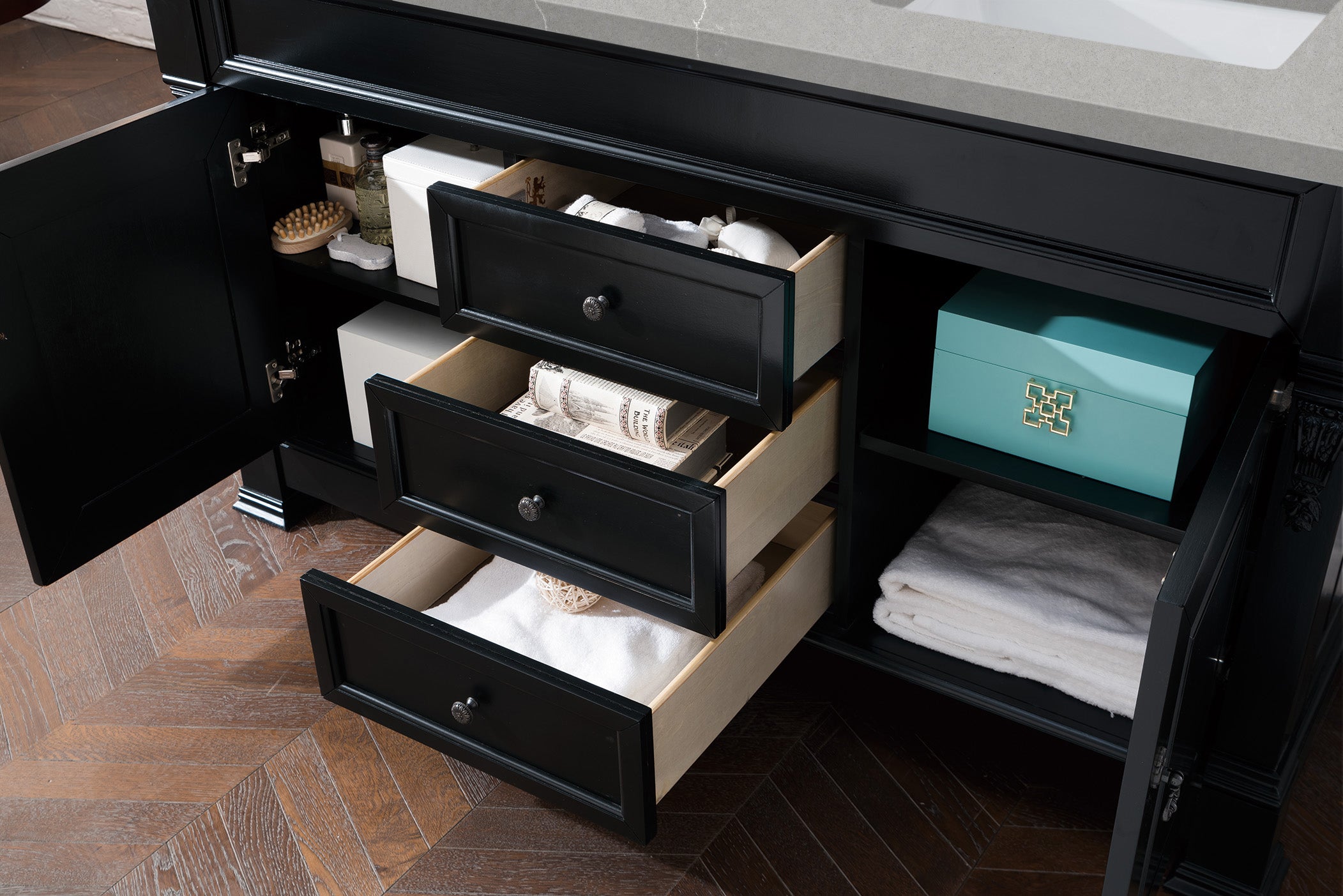 Brookfield 60 Inch Double Bathroom Vanity with Antique Black Finish & 3CM Eternal Serena Quartz Countertop - Perfect for Master Bathroom or Guest Bath Renovation