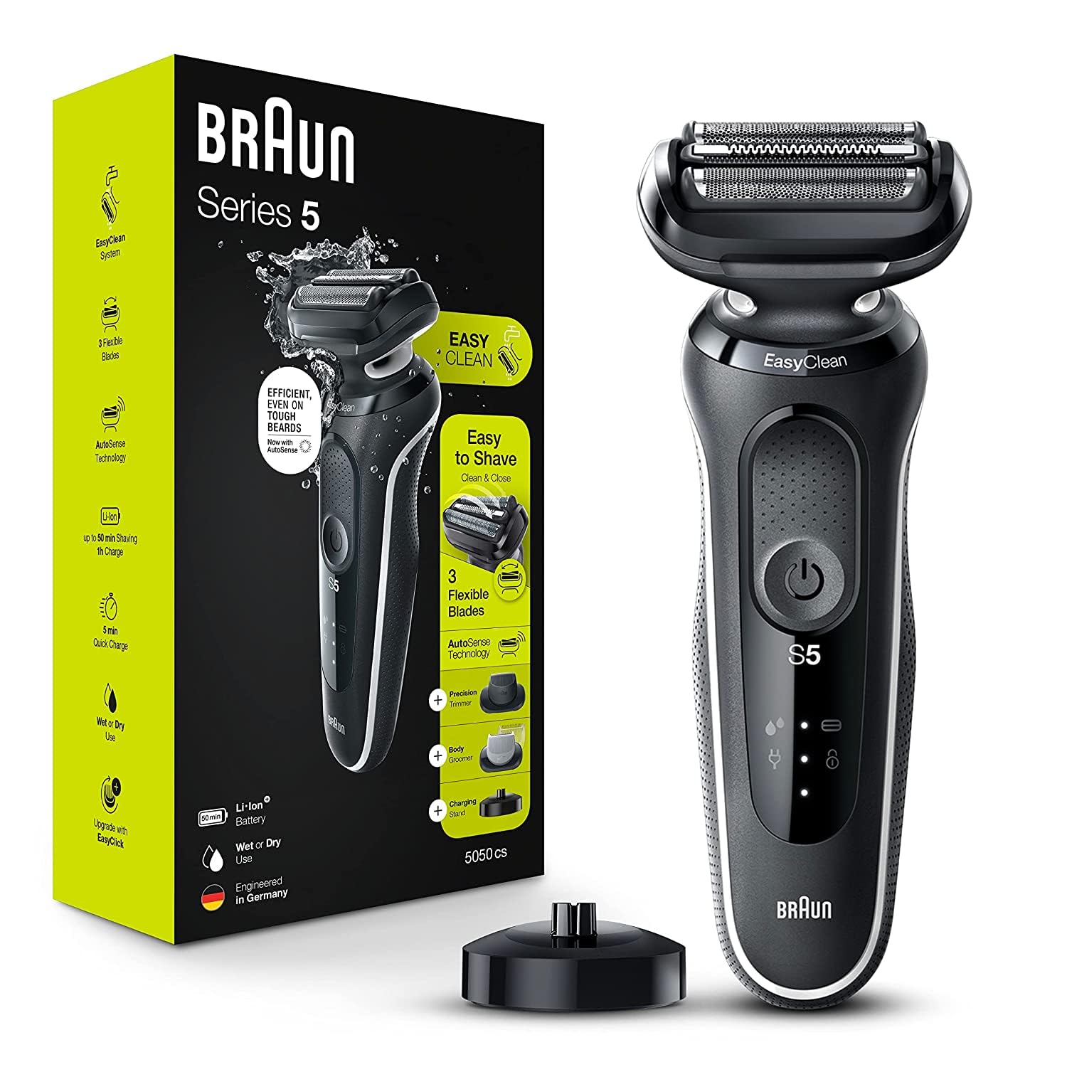 Braun Series 5 5050cs Electric Razor for Men - Waterproof Foil Shaver with Beard Trimmer & Body Groomer - Wet & Dry Rechargeable Shaver with Charging Stand (Blue) - Perfect for Travel, Gym & Daily Grooming Routine