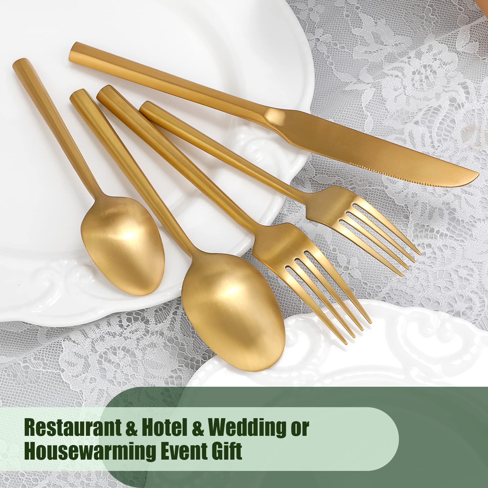 Premium 40-Piece Matte Gold Flatware Set - Stainless Steel Cutlery with Brushed Brass Hexagon Handle - Dishwasher Safe Silverware for 8 - Perfect for Dinner Parties, Weddings & Upscale Dining