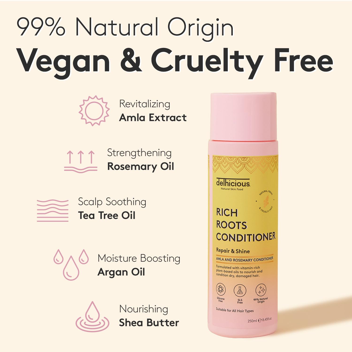 Delhicious Amla Oil & Rosemary Oil Hair Conditioner for Hair Growth & Scalp Care - Natural Ayurvedic Treatment for Thinning Hair & Hair Loss - Vegan Formula Nourishes Dry Scalp & Revives Dull Hair - 250ml | Perfect for Daily Hair Care & Scalp Massage