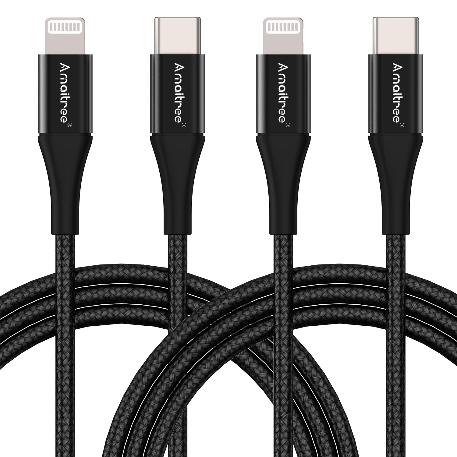 Apple MFi Certified USB C to Lightning Cable 4Ft (2-Pack) - 3A Fast Charging Braided Woven Cable for iPhone 14/13/12/11/XS/XR/8 - Durable Type-C Charger for Car Play, Home & Office Use - Black