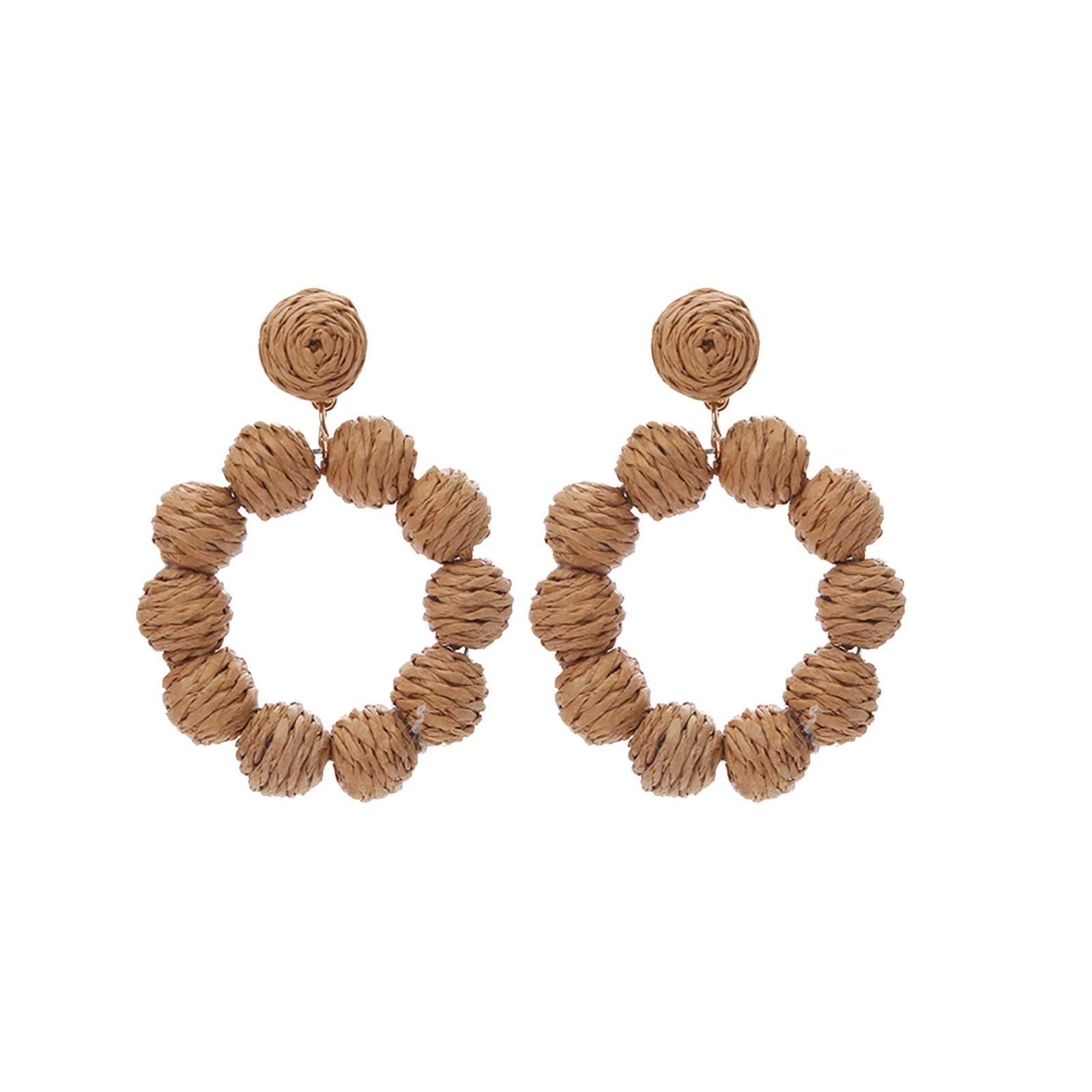 Handmade Braided Straw Rattan Ball Earrings for Women - Bohemian Summer Beach Accessories, Raffia Pendant Ear Studs - Perfect for Vacation, Music Festivals, and Casual Outfits