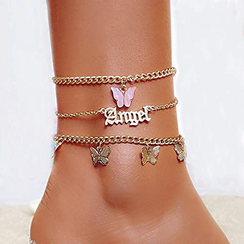 IFKM Women's Pink Butterfly Anklet Set - Cute Gold Letter Angel Chain Ankle Bracelet for Summer Beach Wear, Boho Jewelry Gift for Her (IFK0796-01) | Perfect for Vacation, Pool Party, and Casual Outfits