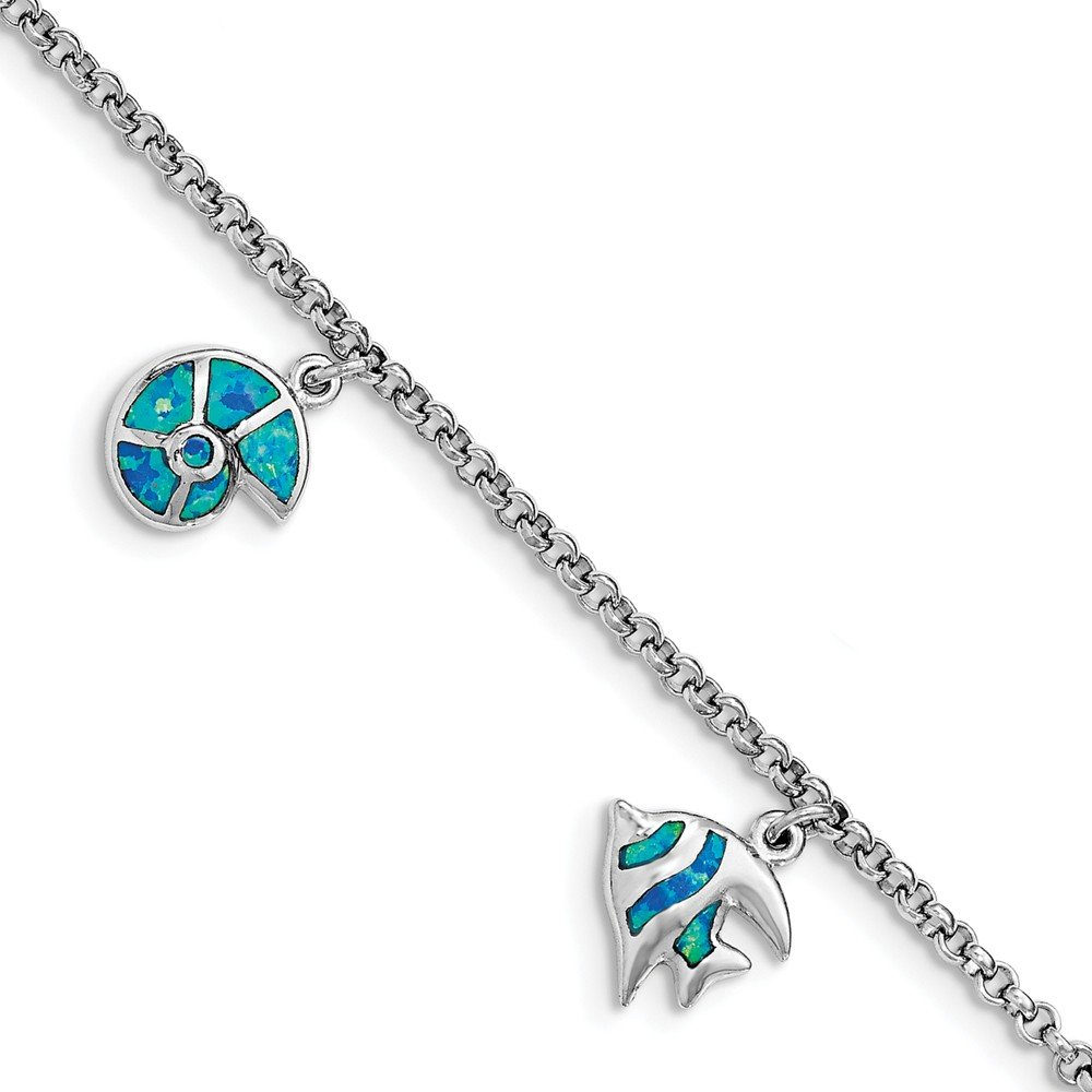 925 Sterling Silver Blue Simulated Opal Fish & Shell Charm Bracelet - 7.25 Inch Adjustable Ocean Theme Jewelry for Beach Vacation, Gift Giving & Boho Fashion