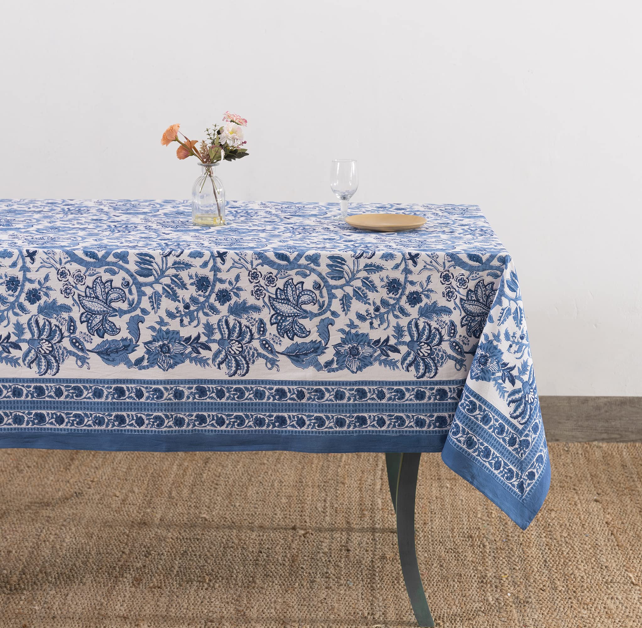 Handblock Printed Indian Cotton Tablecloth 72x135 Inch – Floral Country Style Rectangular Dining Table Cover for 10-Seater | Blue Spring Easter Bridal Party Baby Shower Decoration | Perfect for Weddings, Holiday Dinners & Special Occasions
