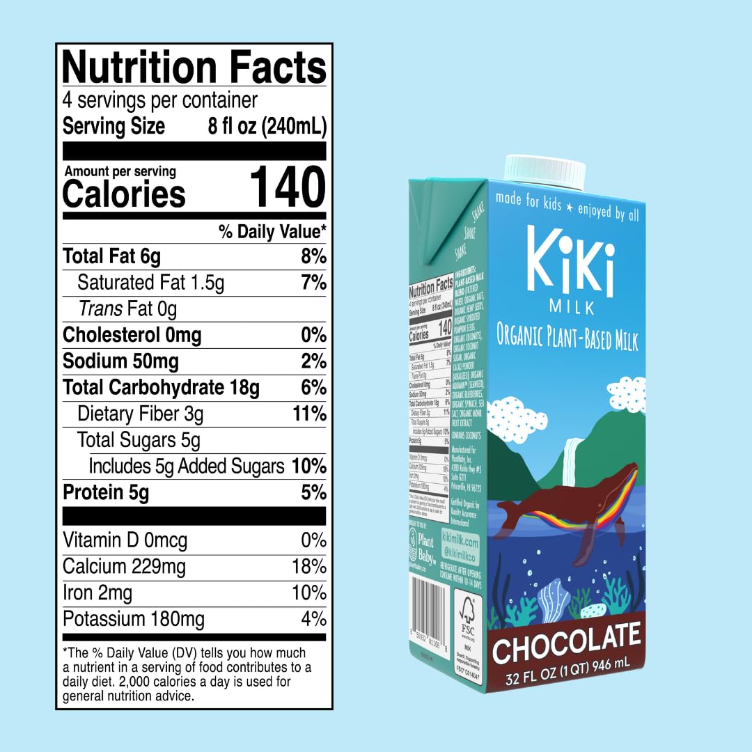 Organic Chocolate Kiki Plant-Based Milk - Rich in Calcium & Magnesium - Gluten, Gum, GMO, Dairy, Soy & Glyphosate Free - Shelf-Stable (32oz, 6-Pack) - Perfect for Smoothies, Baking & Healthy Breakfasts
