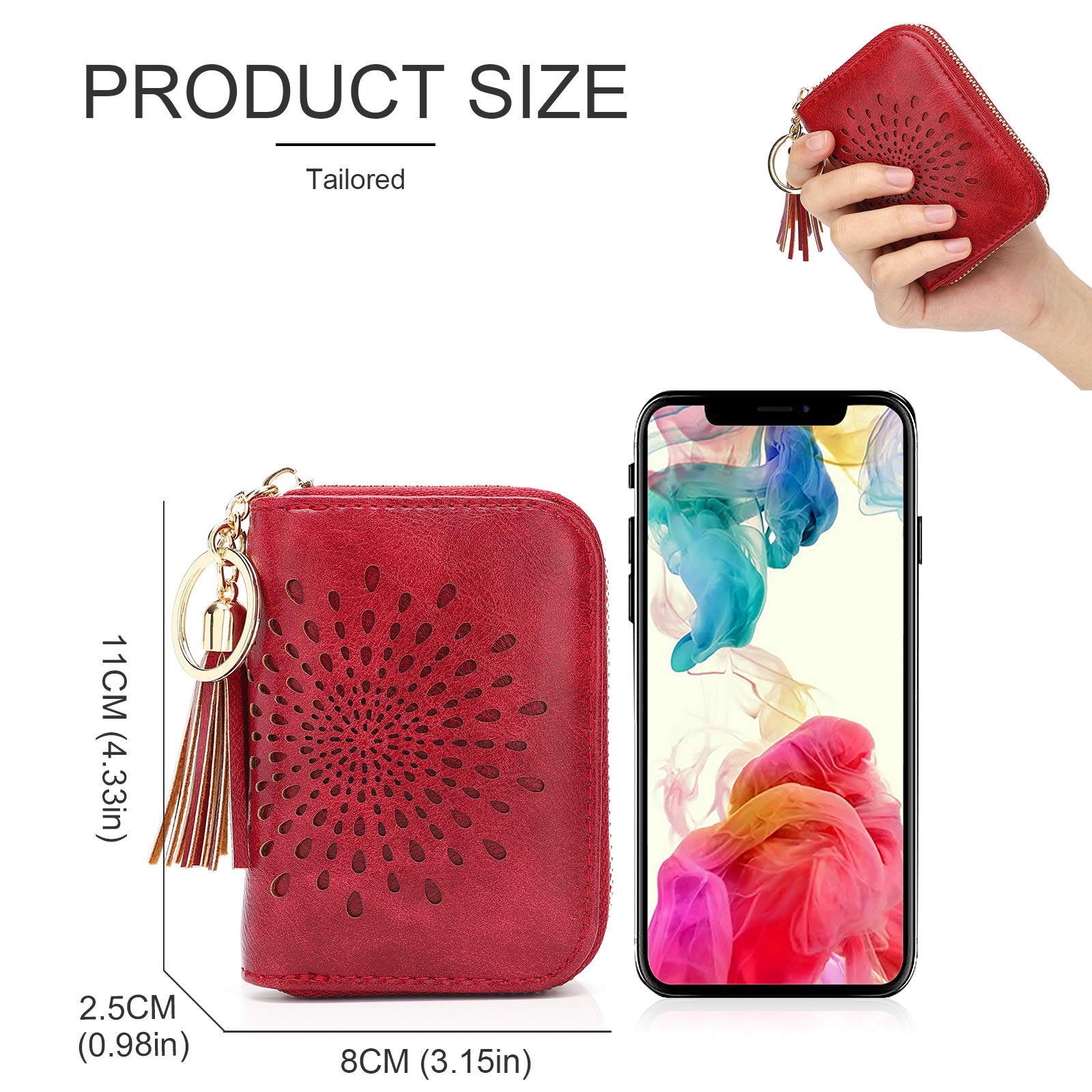 APHISON RFID Blocking Credit Card Holder - Zipper Card Case with Keychain, Small Slim Wallet for Women (Red) - Perfect for Travel, Work & Everyday Use