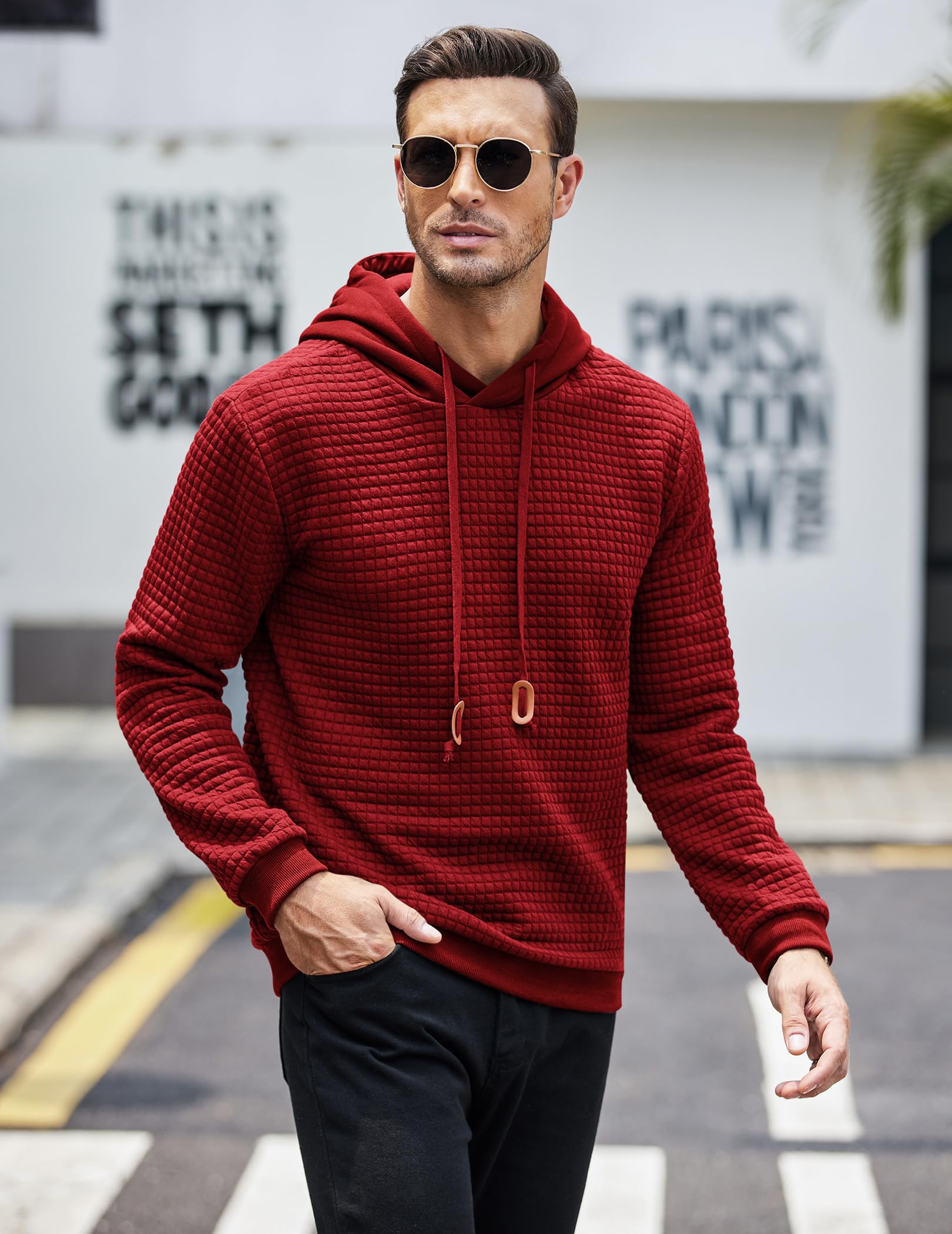 COOFANDY Men's Casual Hooded Sweatshirt - Long Sleeve Waffle Knit Pullover Hoodie with Drawstring | Perfect for Streetwear, Lounge & Outdoor Activities