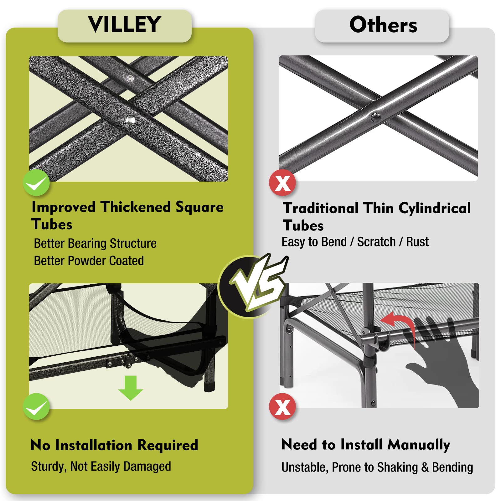 VILLEY Tall Directors Chair - Heavy Duty 900D Fabric Folding Camping Chair with Footrest - Supports 350 lbs for Outdoor, Tailgating, Camping, Picnic & Beach - Green Makeup Artist & Photographer Chair for Professional & Home Use