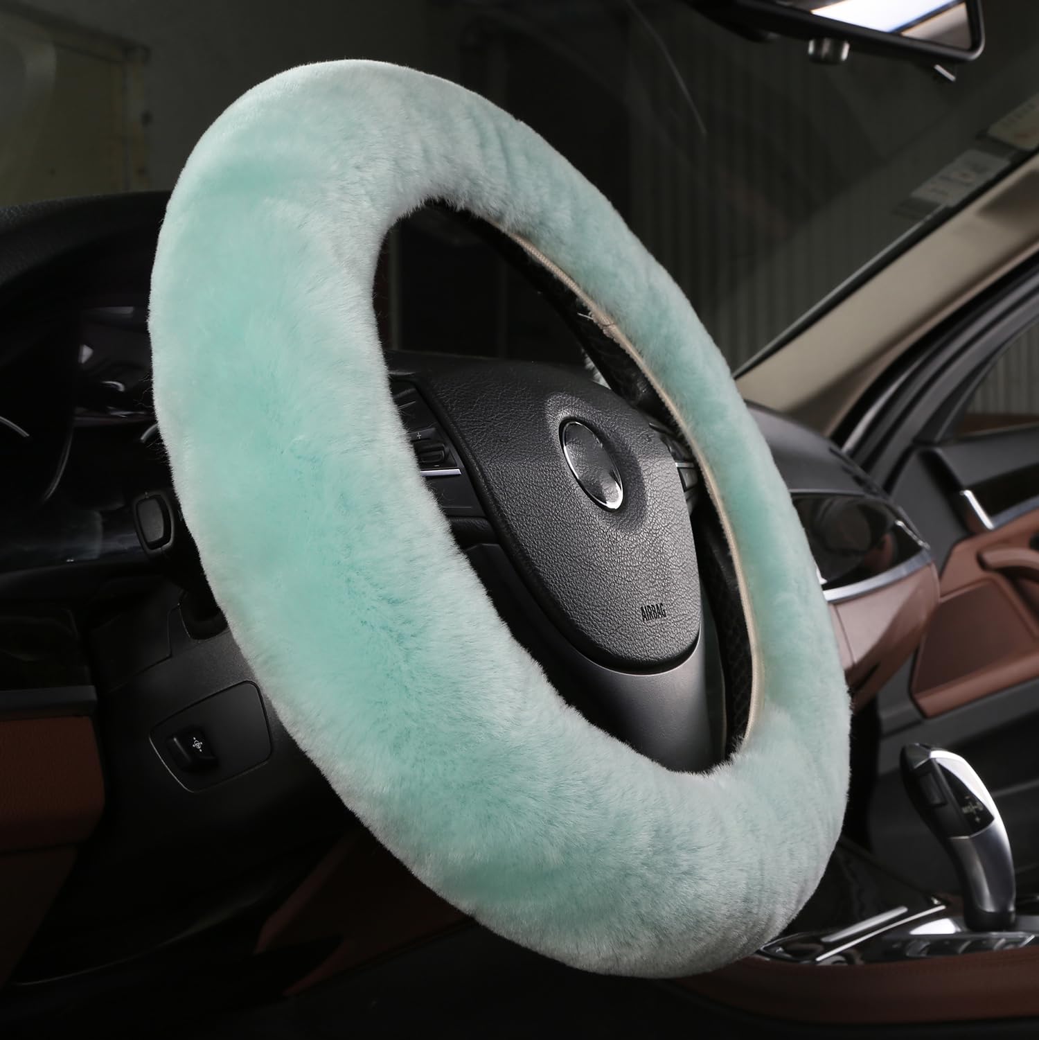 Premium Fluffy Wool Steering Wheel Cover - Genuine Sheepskin, Anti-Slip, Universal Fit for 15 Inch Wheels (Mint Green) | Luxury Car Interior Accessories for Women | Perfect for Winter Driving & Long Road Trips