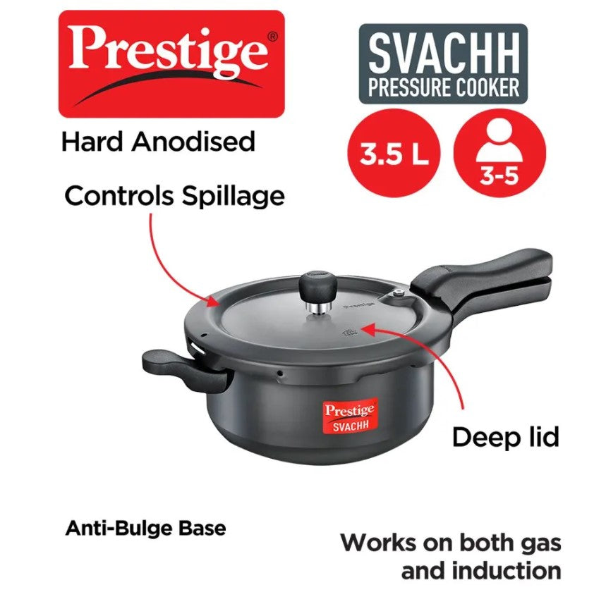Prestige Svachh Hard Anodized Pressure Cooker 3.5L - Fast & Safe Cooking for Indian, Asian & American Cuisine | Perfect for Home, Kitchen & Restaurant Use