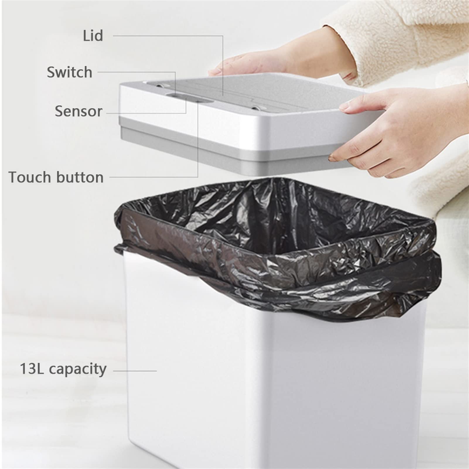 TOMYEUS 13L Automatic Motion Sensor Trash Can - Smart Electric Waste Bin with Touch-Free Technology for Kitchen, Bathroom & Office - Hands-Free Garbage Bin for Hygienic Waste Disposal in Home & Commercial Spaces