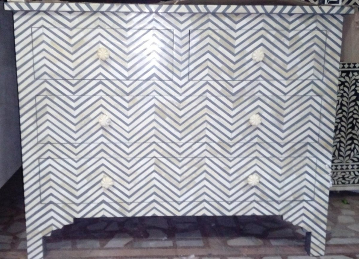 Handmade Bone Inlay Grey Chevron Pattern 4-Drawer Chest - Stylish Storage for Bedroom, Living Room & Office Décor