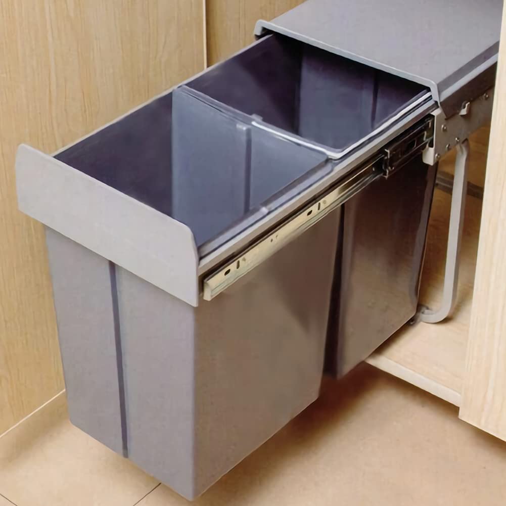 Nisorpa 40L/10.6Gal Dual Compartment Pull-Out Trash Can - Under Sink Cabinet Garbage Bin with Lid - Soft Close Sliding Recycling Container for Kitchen, Commercial Use - Gray (Perfect for Small Spaces & Waste Sorting)