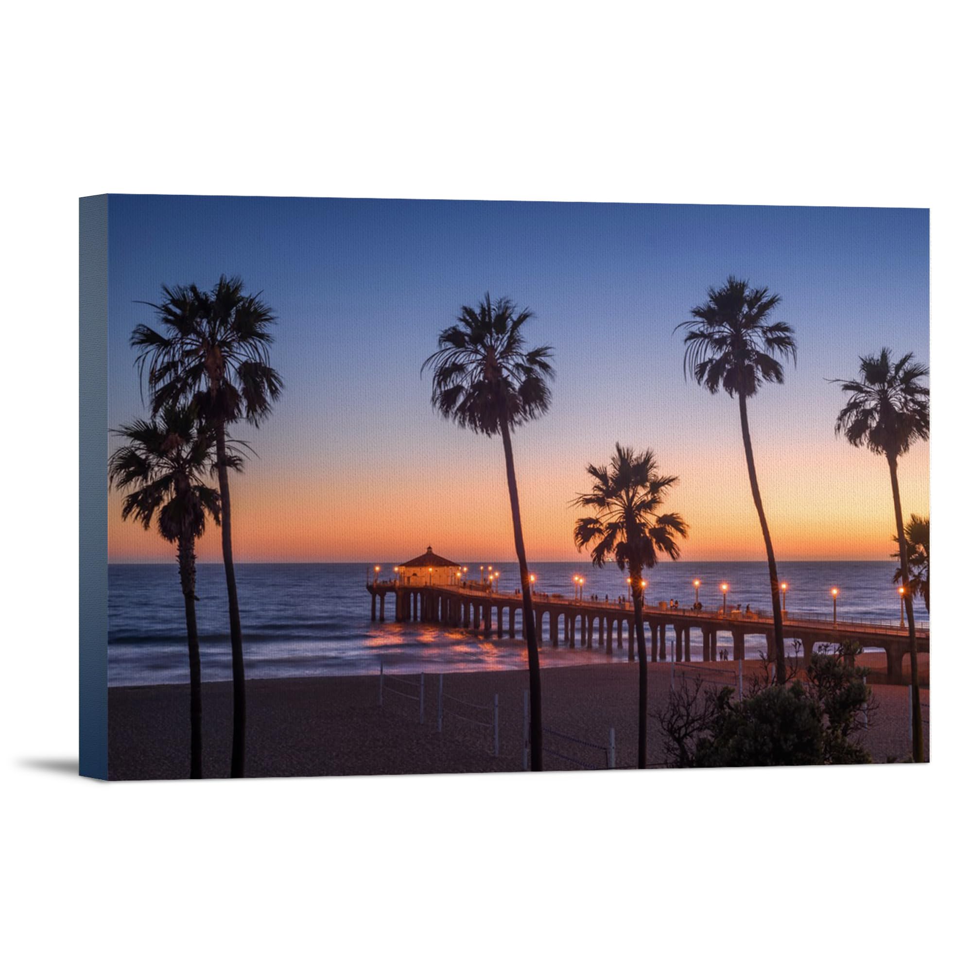 Lantern Press Manhattan Beach Pier Sunset Photography - Los Angeles California Wall Art (24x36 Wrapped Canvas) - Perfect for Living Room, Bedroom & Office Decor