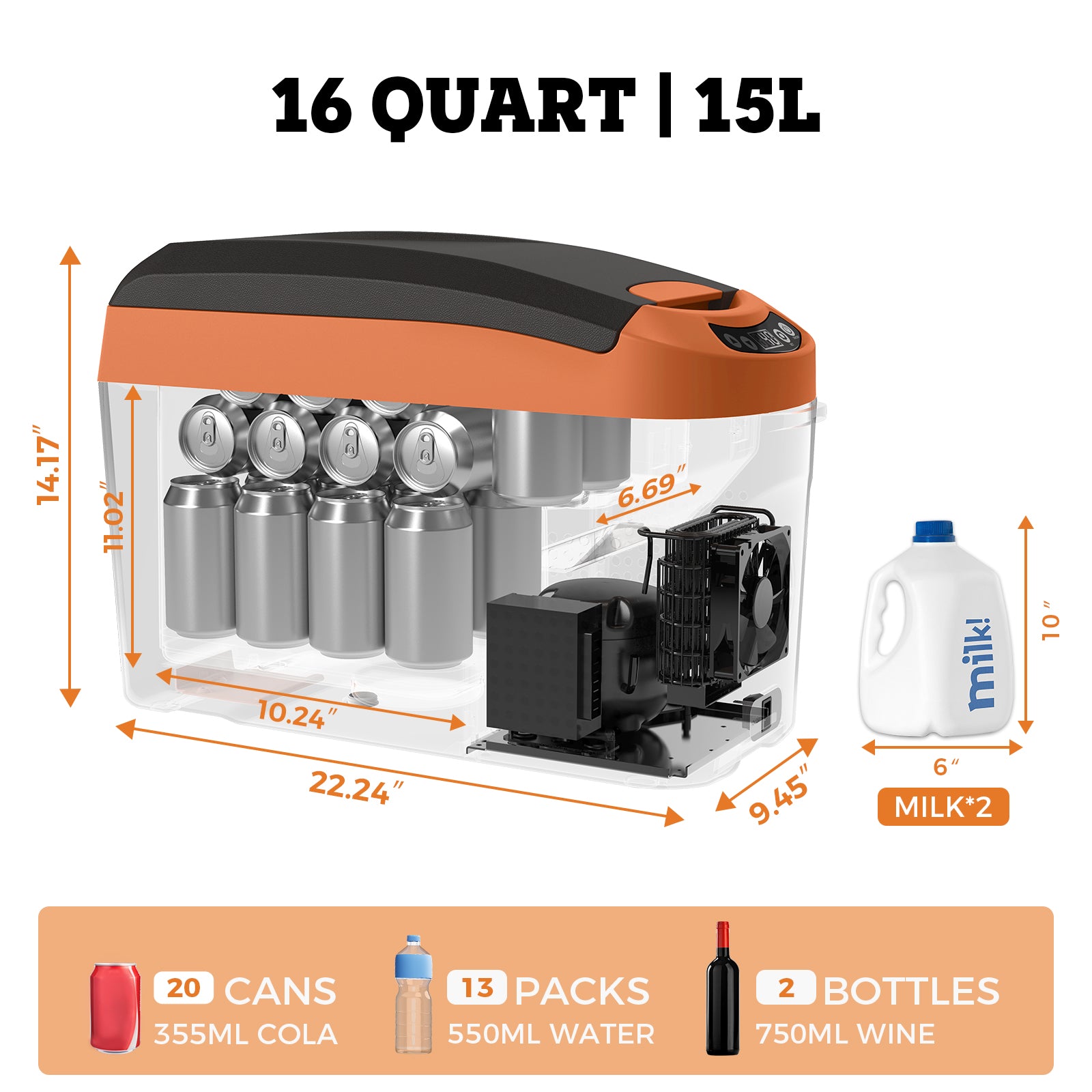 Setpower AB15 12V Car Fridge - 16Qt Portable Freezer for Truck, RV, Camping & Road Trips - Orange Automotive Refrigerator with Armrest - Perfect for Food, Drinks & Medicine Storage