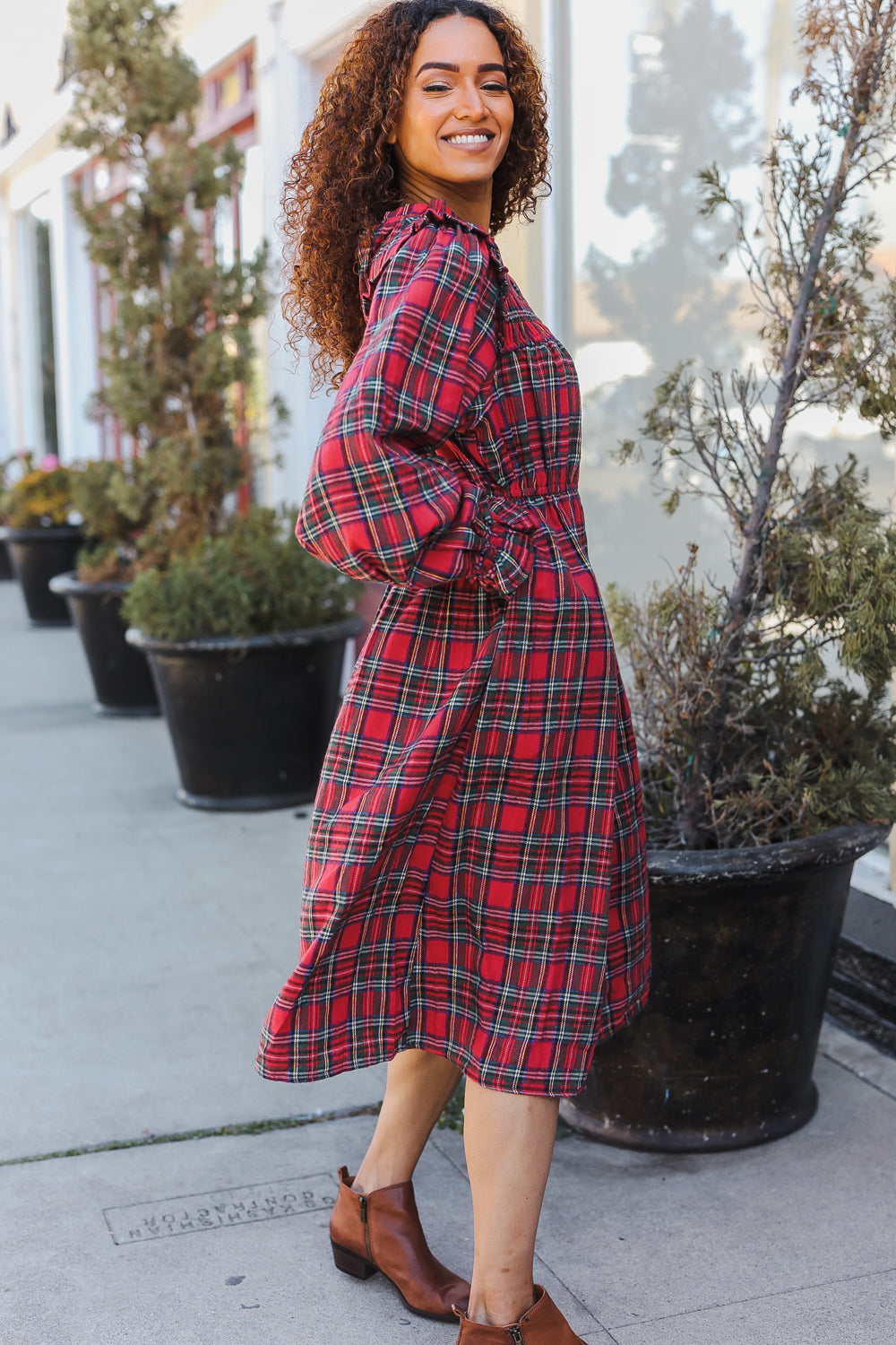 Hunter Red Plaid Check Woven Pocketed Dress for Women | Casual & Party Wear | Perfect for Fall, Winter & Holiday Outfits