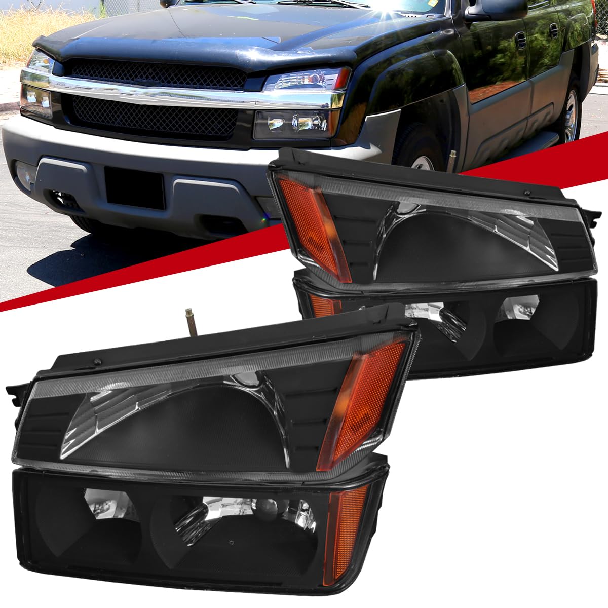 2002-2006 Chevy Avalanche 1500/2500 Black Replacement Headlights & Bumper Turn Signal Lights Pair (Left+Right) - Upgrade for Night Driving & Off-Road Adventures