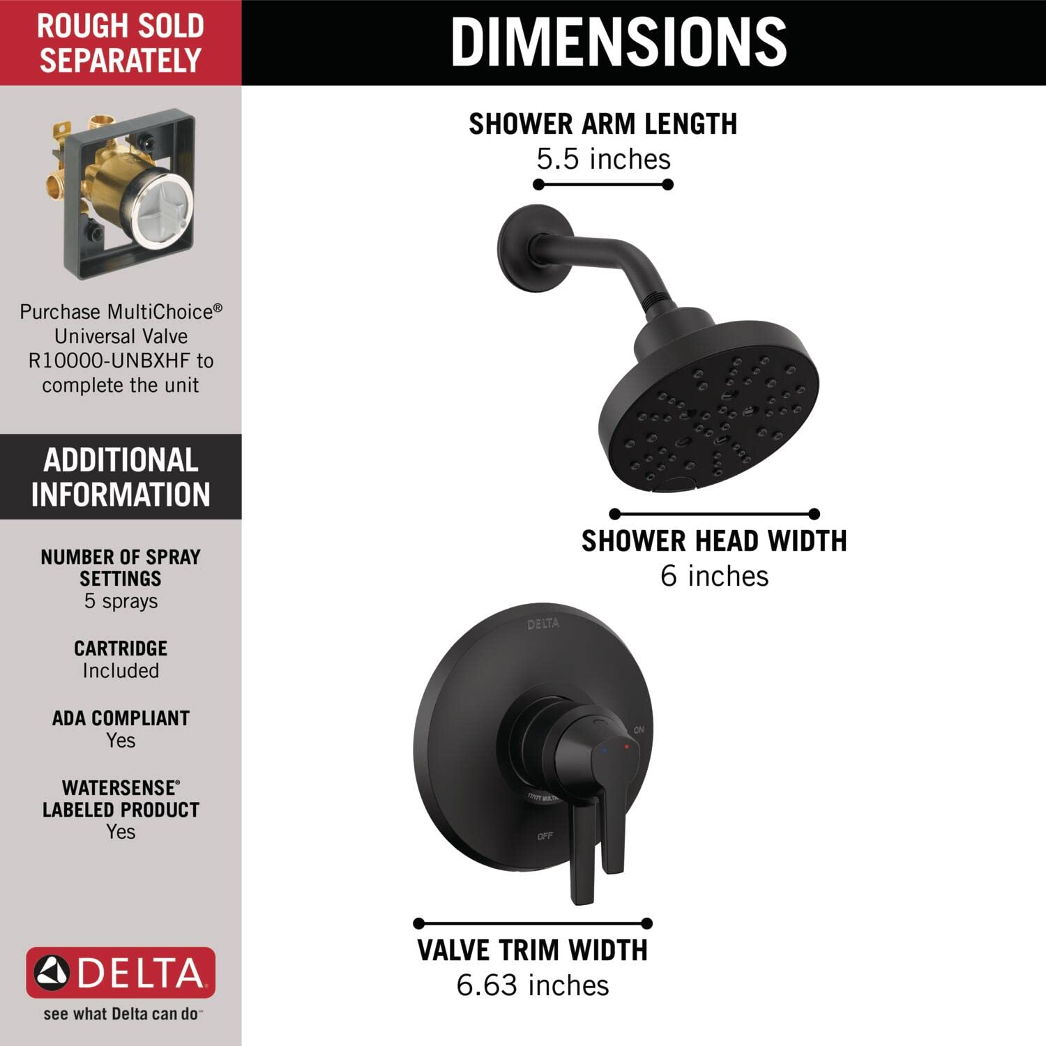 Delta Faucet Galeon Matte Black Shower System - Dual Function Shower Faucet Set with H2Okinetic Technology, Black Shower Head & Trim Kit T17272-BL (Valve Sold Separately) - Perfect for Modern Bathroom Renovations & Spa-Like Shower Experience