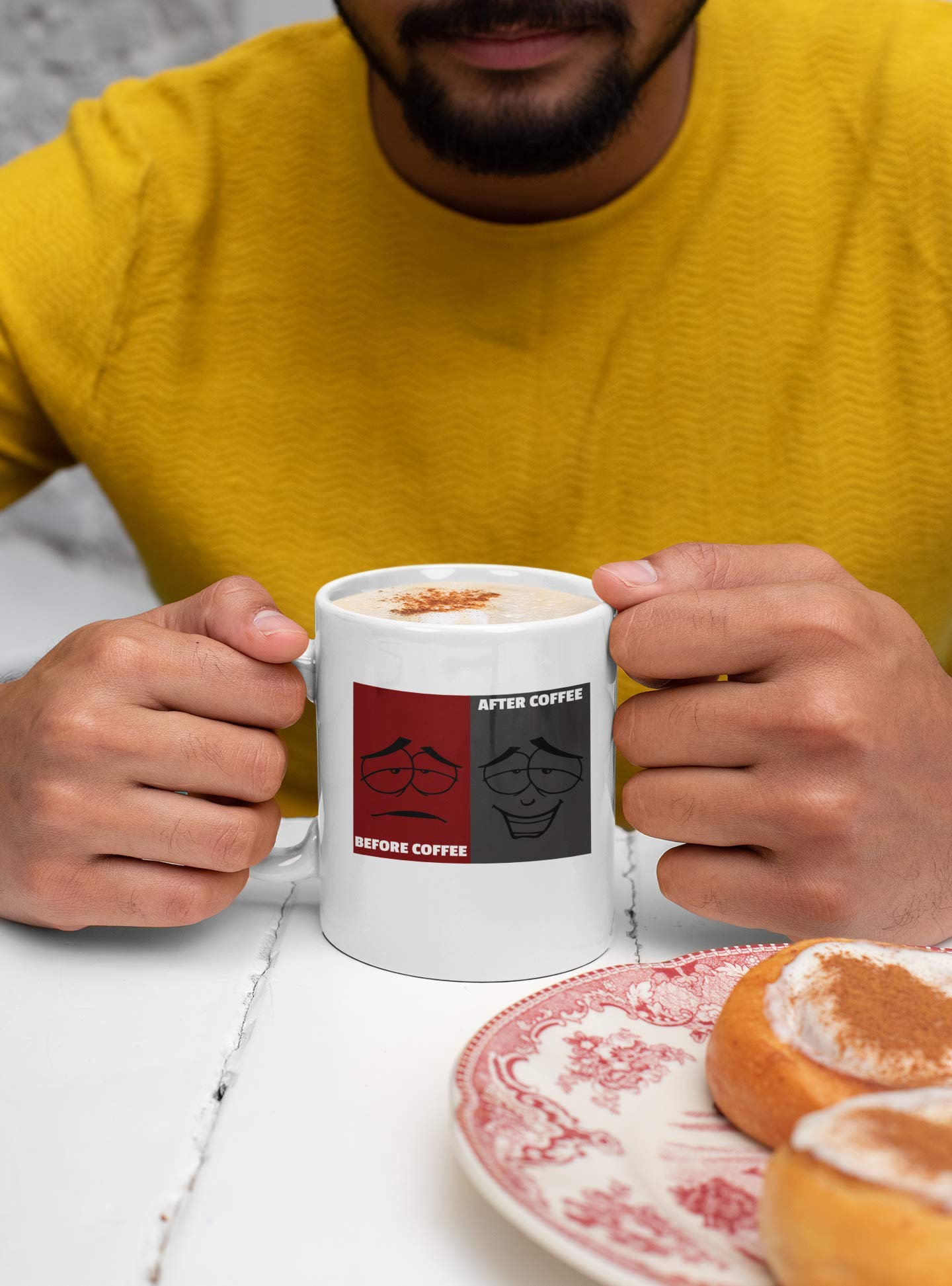 Funny Before & After Coffee Mug with Sad & Happy Face - 11oz Ceramic Tea Cup - Perfect for Office Humor, Gifts & Morning Coffee Laughs