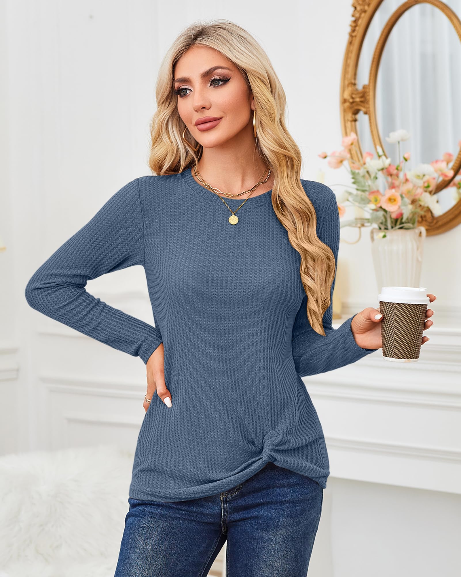 MISFAY Women's Casual Long Sleeve Twist Knot Waffle Knit Shirt - Cute Tops for Fall & Winter - Perfect for Office, Date Night & Weekend Outfits
