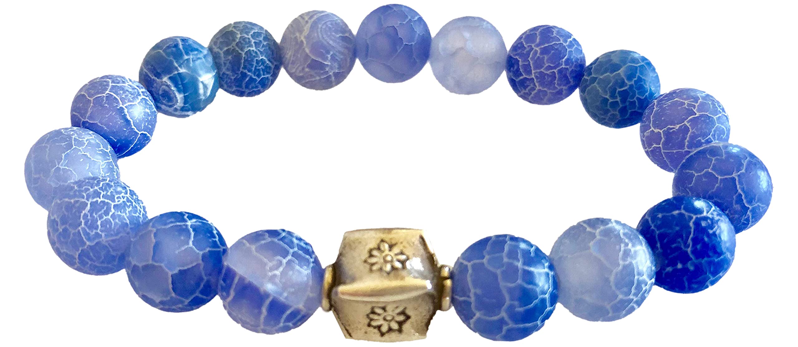 Blue Crackle Agate Stretch Bracelet with Sapphire Gemstones & Karen Hill Tribe Silver - Boho Flower Beaded Healing Crystal Jewelry for Meditation, Yoga & Spiritual Wellness