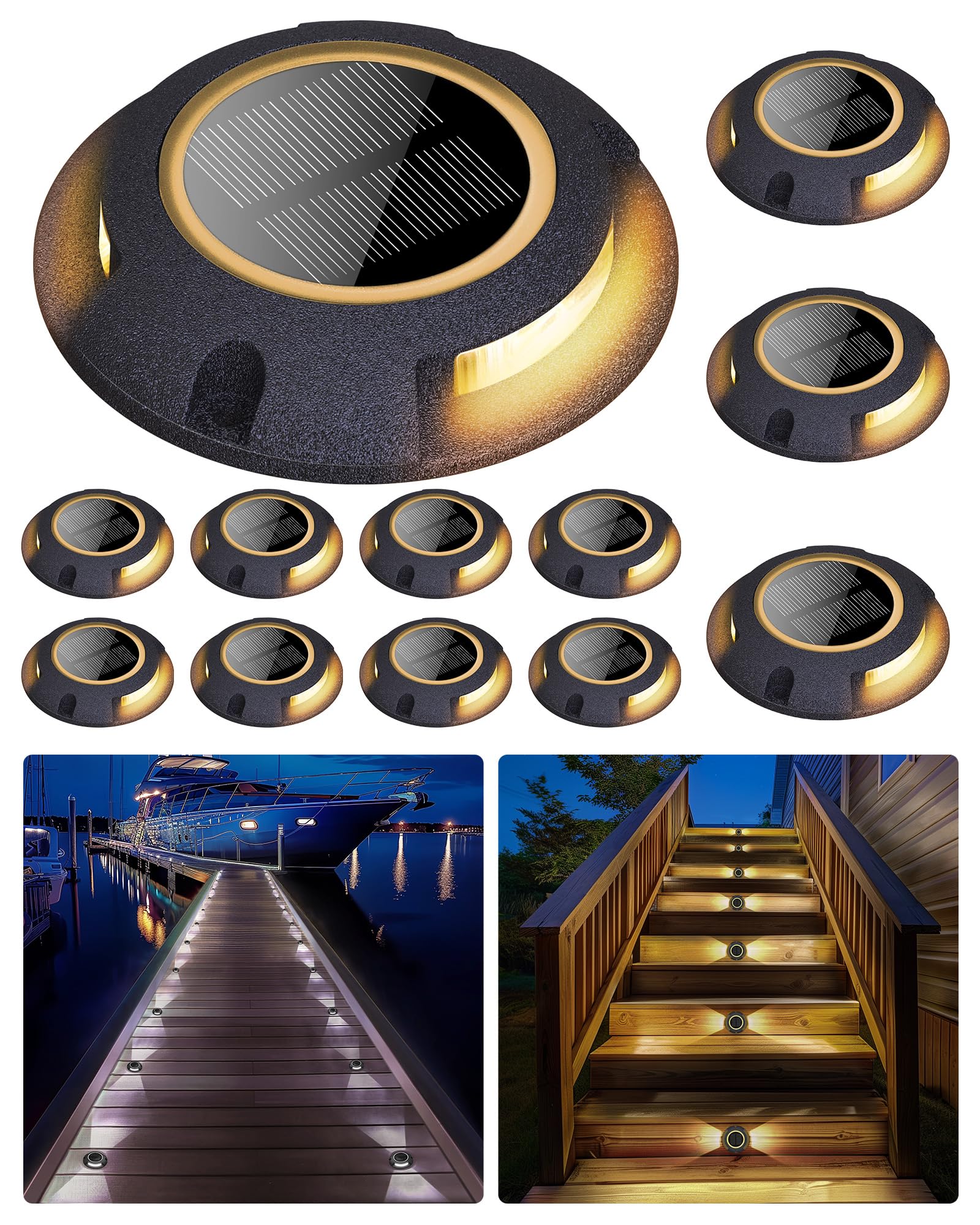 12 Pack Solar Deck Lights - Waterproof Outdoor LED Pathway Lights for Driveway, Walkway, Stairs, Patio & Yard (2 Colors in 1, Double-Sided, Black) | Perfect for Nighttime Safety & Landscape Decoration