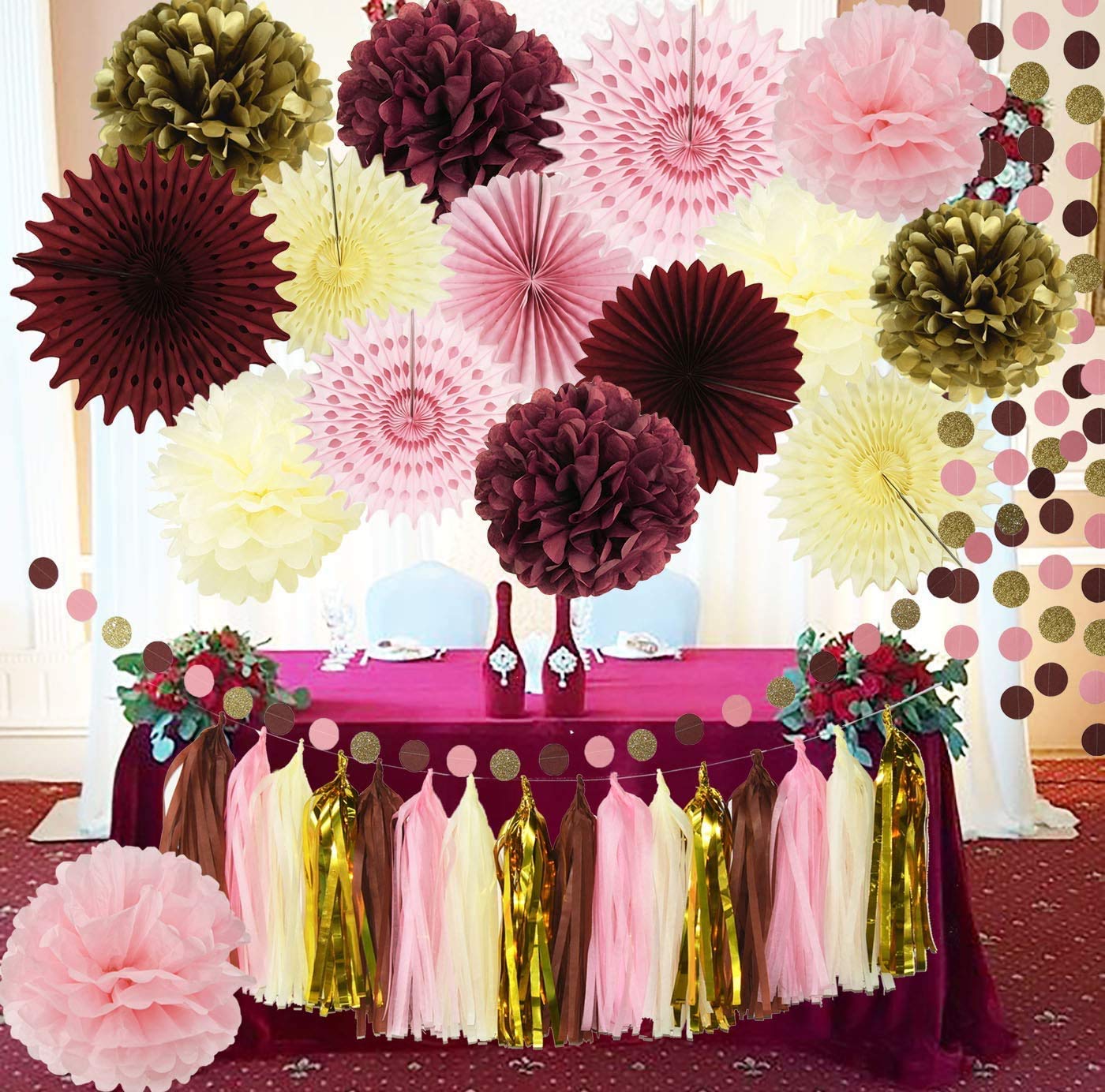 15-Piece Burgundy Tassel Garland Kit - DIY Tissue Paper Tassel Banner for Baby Showers, Weddings, Birthdays & Thanksgiving Decor | Fall Wedding Decorations, Women's Party Supplies, Seasonal Home Decor