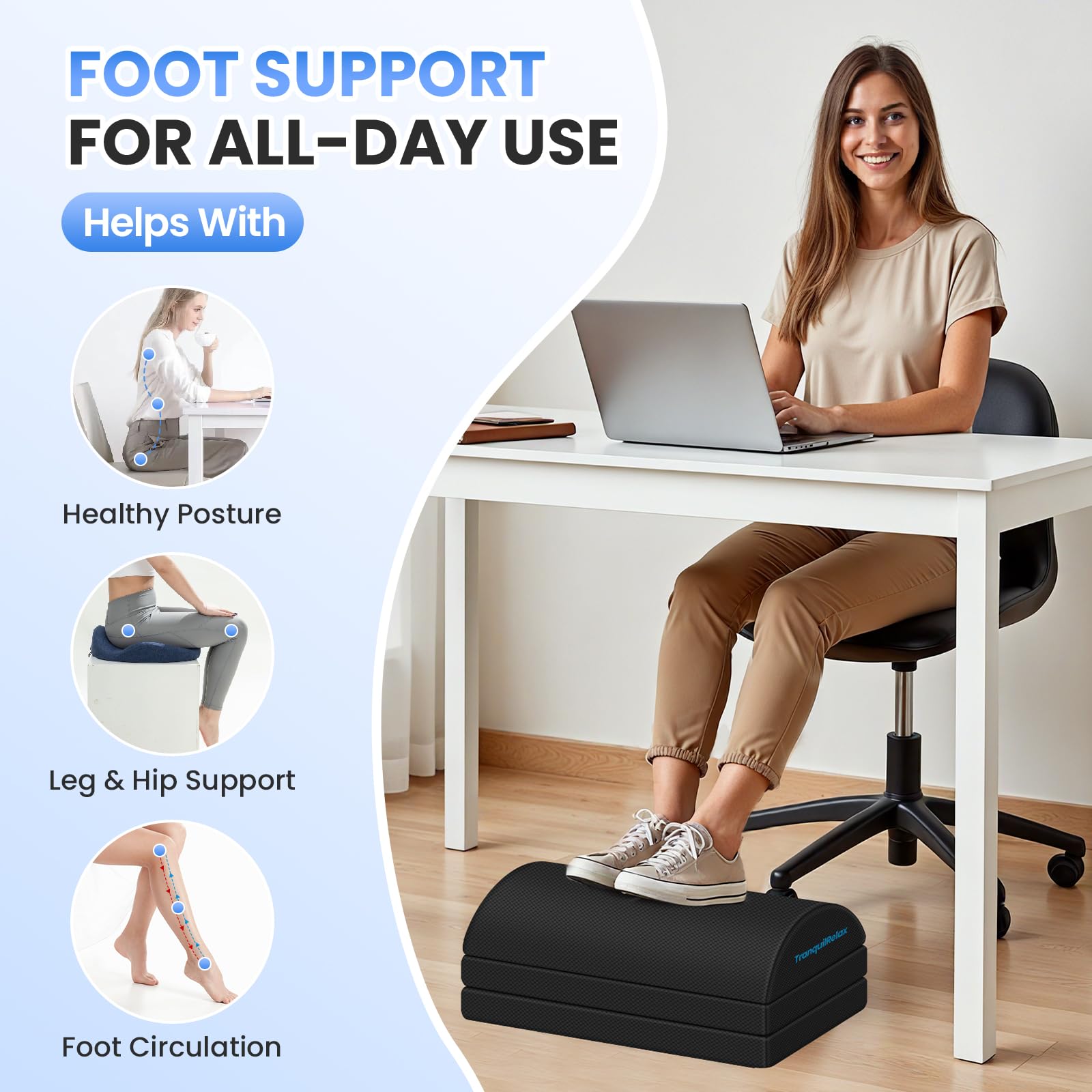 Ergonomic Adjustable Foot Rest for Under Desk - 3 Height Settings, Washable Cover - Comfortable Office & Gaming Foot Stool for Home, Work & Car Use (Black) - Perfect for Long Hours Sitting, Work from Home & PC Gaming Setup