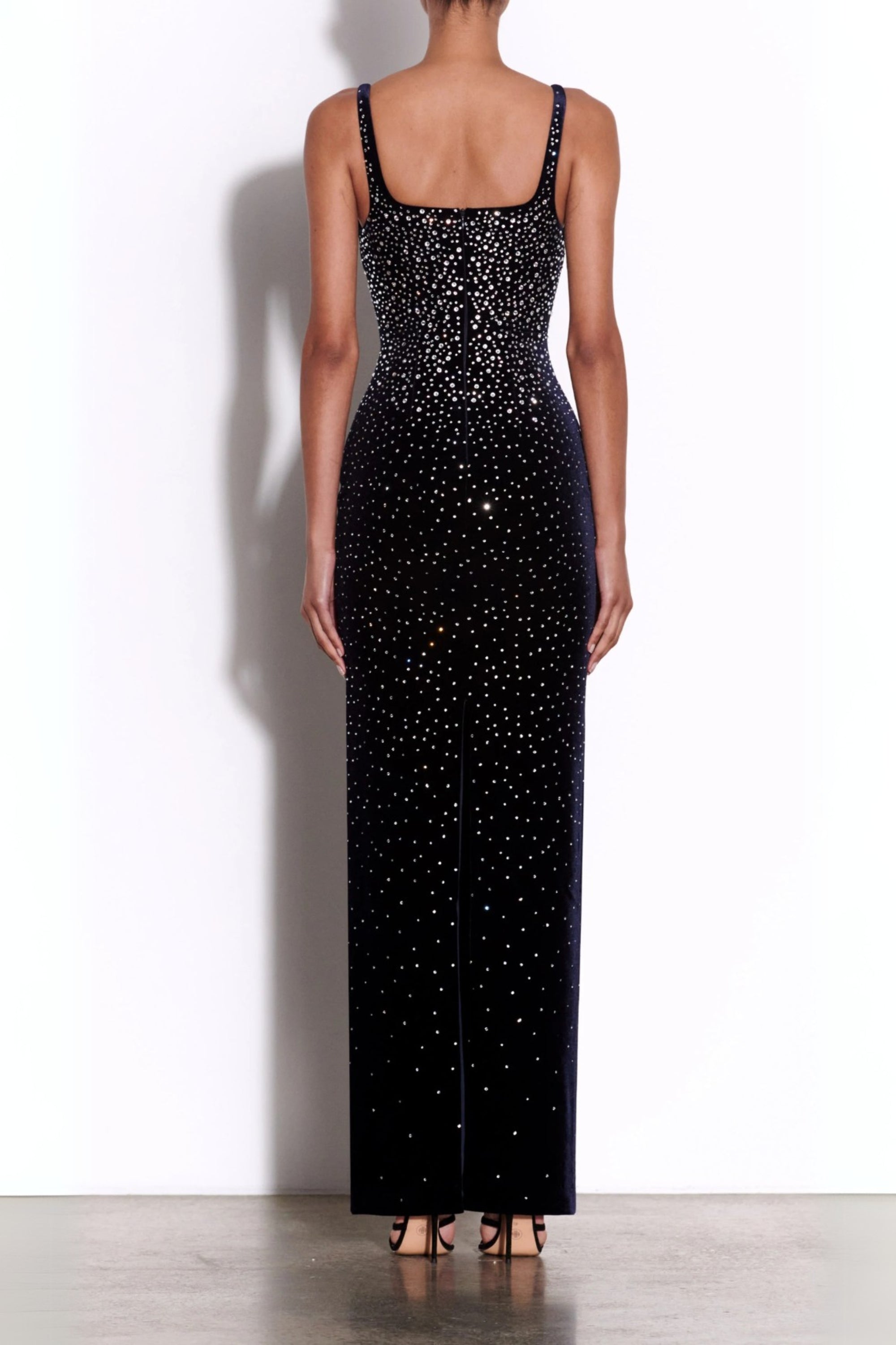 Midnight Black Crystal Velvet Singlet Maxi Dress - Elegant Evening Gown for Parties, Weddings & Special Occasions